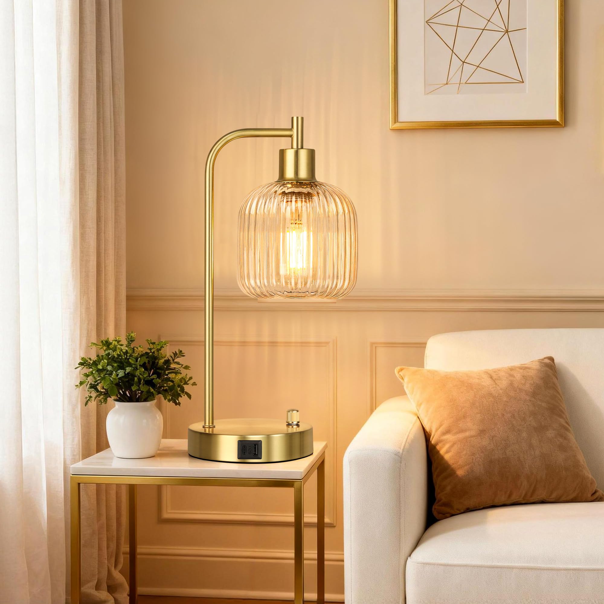 QiMH Industrielle Tischlampe für Schlafzimmer, 2er-Set, klares Glas mit USB-A- und C-Anschlüssen, stufenlose dimmbare Goldlampen, Nachttischlampen für Wohnzimmer, Büro, Heimdekoration (Leuchtmittel im