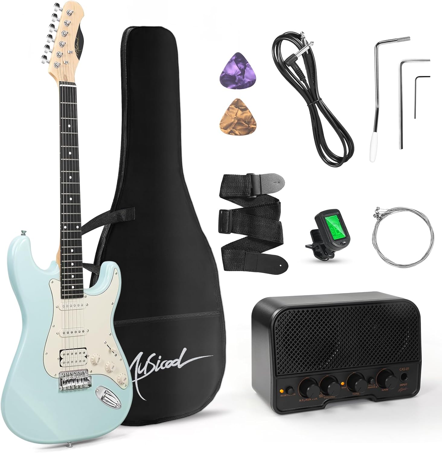 Musicool 39 Inch Electric Guitar Starter Kit– HSS Pickups Solid Body Electric Guitar Includes Amplifier, Bag, Digital Tuner, Strap, String, Cable, Picks, Beginner Gift （Olympic Blue）