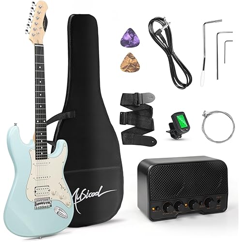 Musicool 39 Inch Electric Guitar Starter Kit– HSS Pickups Solid Body Electric Guitar Includes Amplifier, Bag, Digital Tuner, Strap, String, Cable, Picks, Beginner Gift （Olympic Blue）