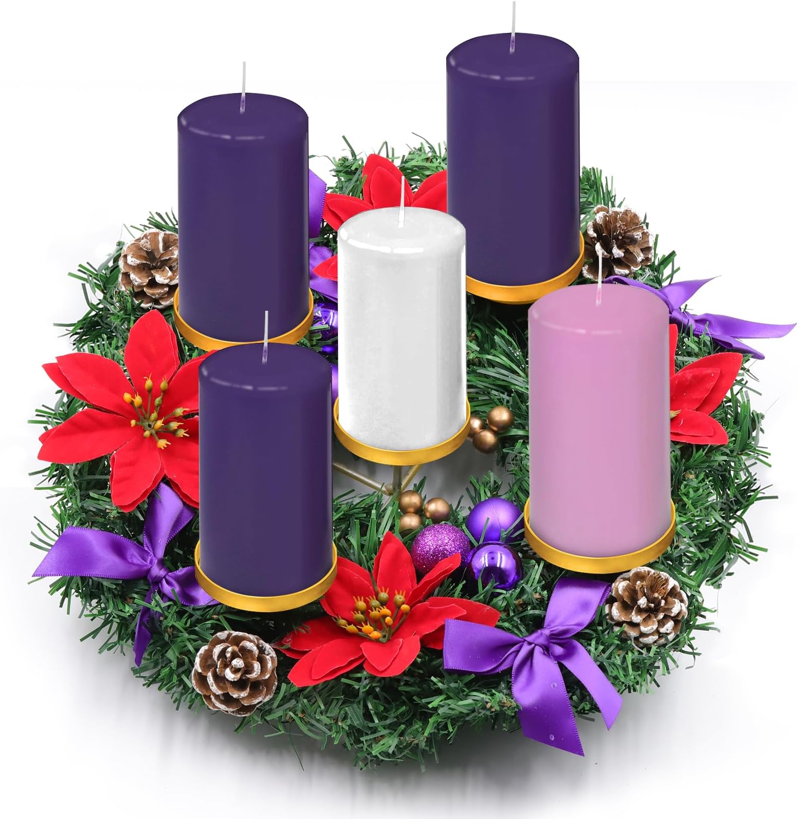Christmas Advent Wreath 5 Pillar Candle Holder, 12 Inch Ring Fire Retardant Centerpiece Decoration for Nativity Rustic Indoor Home Church