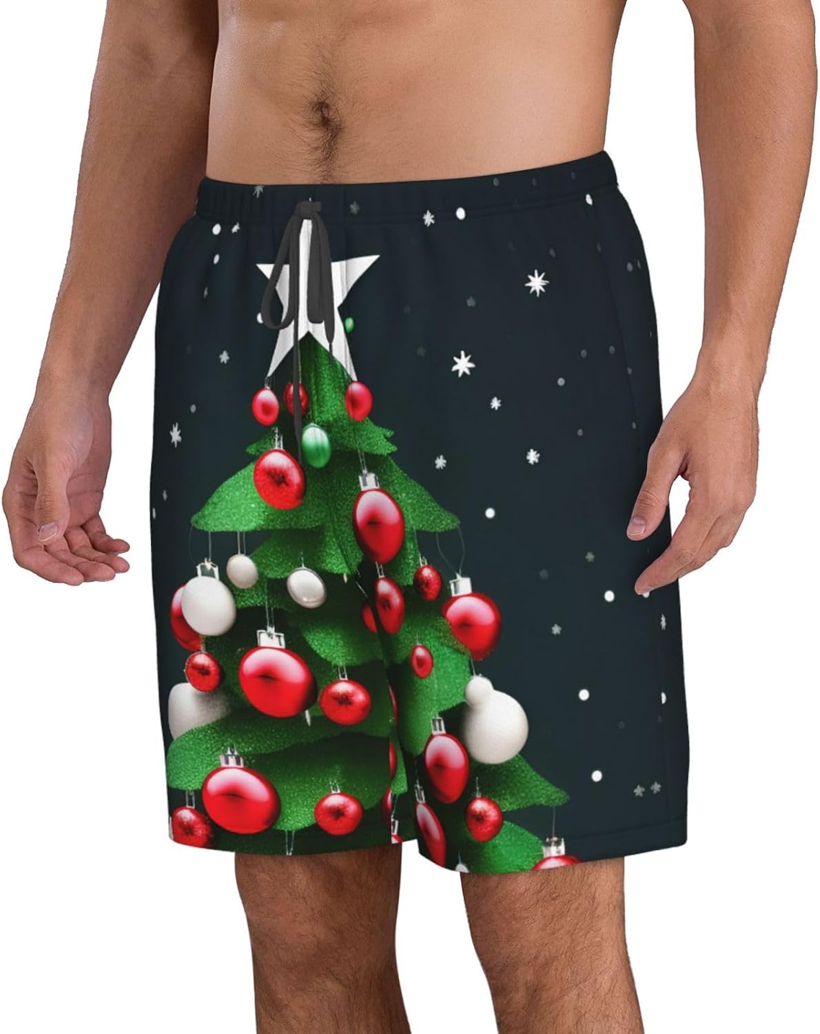 Christmas Tree Print Mens Casual Shorts Drawstring Summer Beach Stretch Shorts Novelty Swimtrunks White