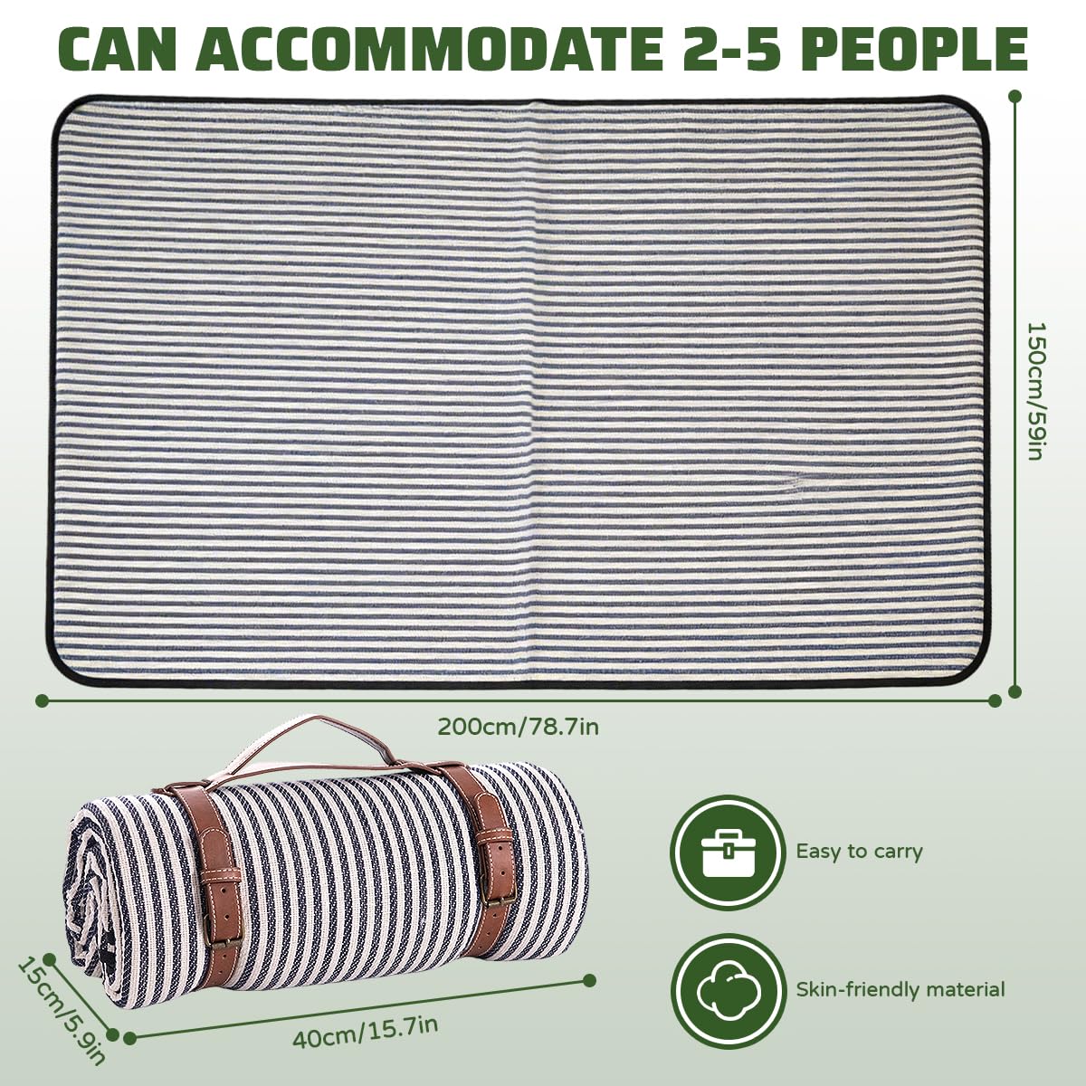 Manta de Picnic Impermeable 150x200 cm, Manta de Playa y Camping Antiarrena con Asa, Tapete de Picnic Diseño a Rayas Portátil y Plegable, 3 Capas Aislante Térmico para Parque Camping Exterior