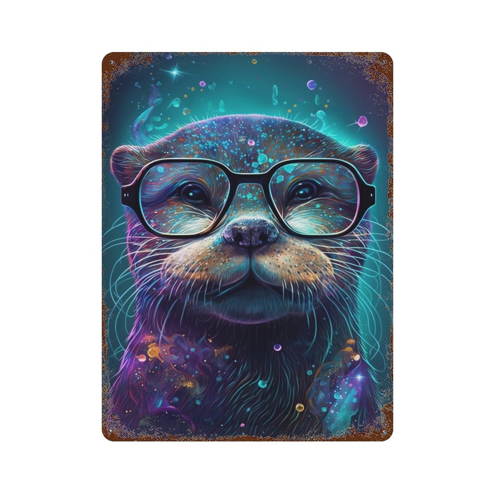 Colorful Otter with Glasses-1 Vintage Rust Metal Sign 15.7"x11.8", for Basement, Hobby Room And Garage Decor, Retro Wall Decor