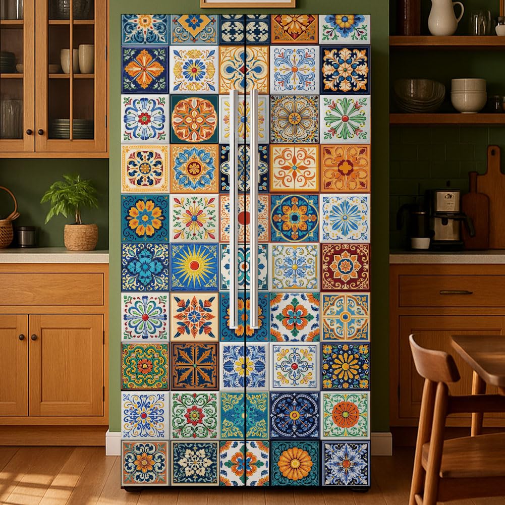 GOMAKERER 2 Pcs Floral Pattern Tiles Removable Refrigerator Wraps, Self-Adhesive Fridge Door Mural Vinyl Freezers Panel Cover Sticker for Kitchen Bar Decor, 41.5x200cm — image 1