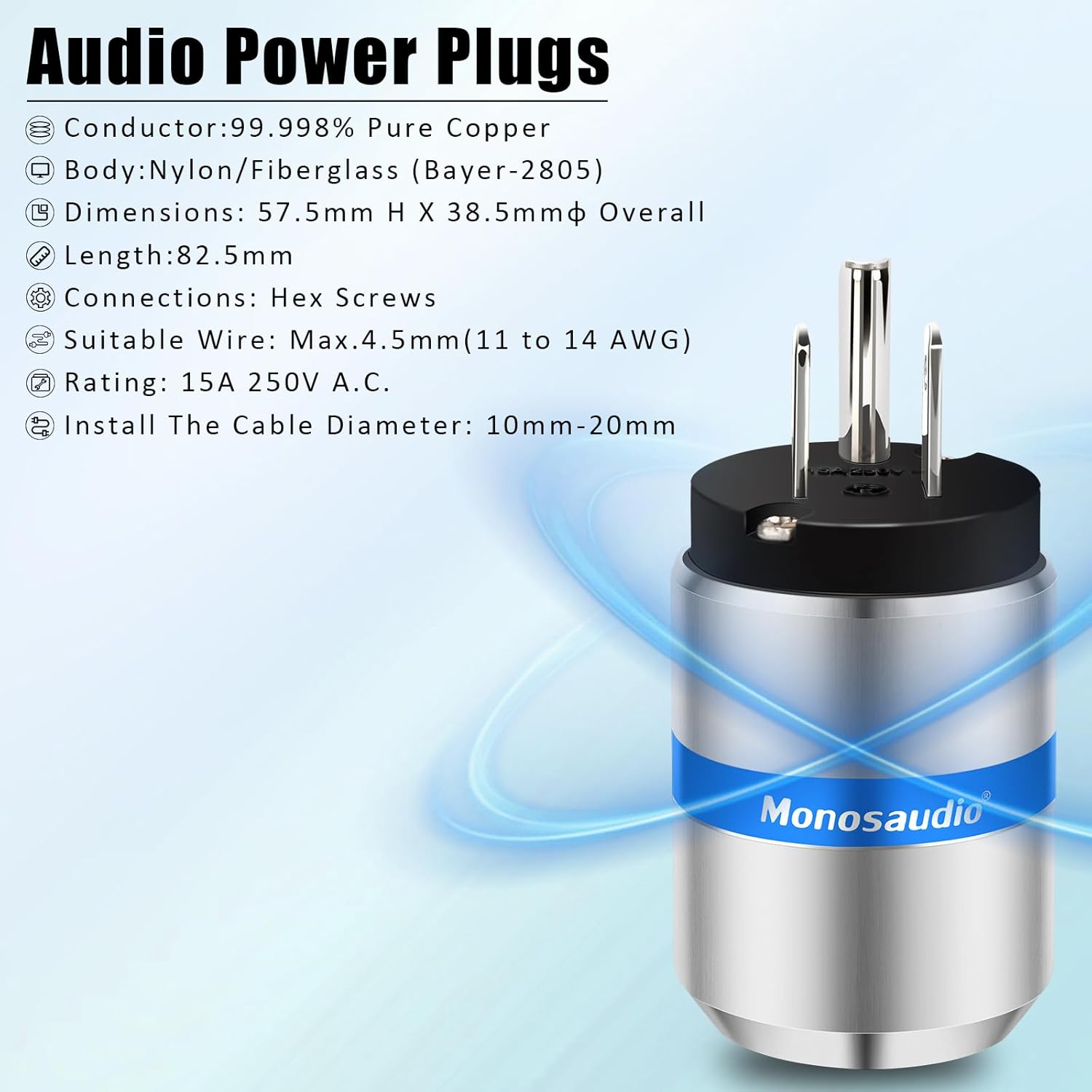 Monosaudio Audiophile Power Plug Pure Copper 15A/125V 10A/250V IEC C13/C15 Power Connector Hi-end Audio Power Plug for DIY Audiophile Power Cord HiFi Audio AC Power Cable(Rhodium Plated)（M106R/F106R）
