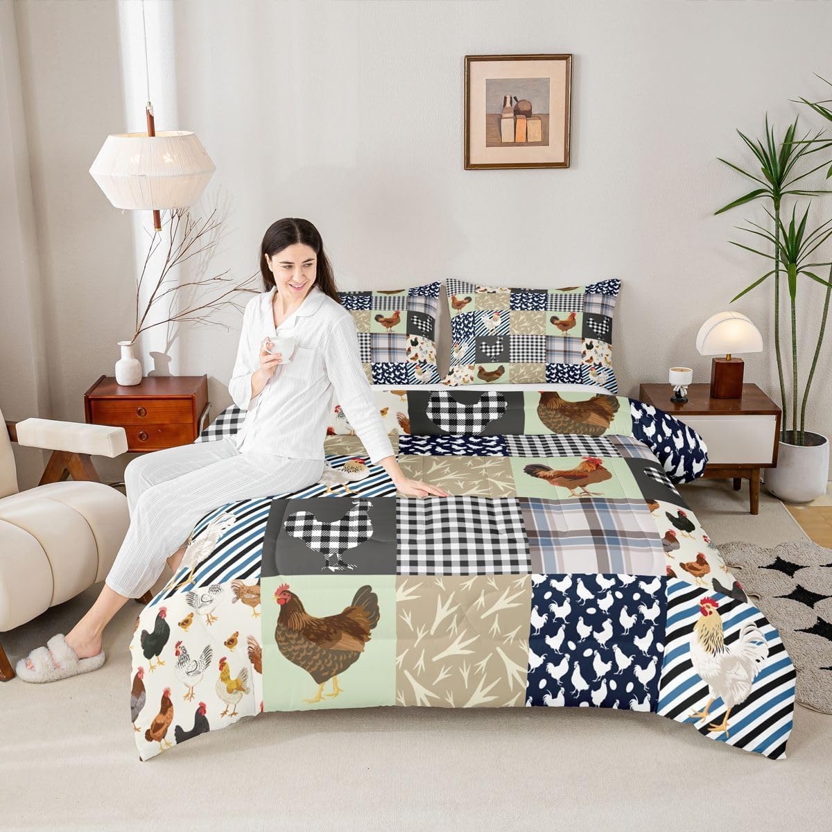 Feelyou Chicken Bedding Set Queen Size Rooster Hen Print Comforter Set for Kids Boys Girls Decor Cute Blue Grey Green Comforter Geometric Duvet Set Bedroom Quilt Set
