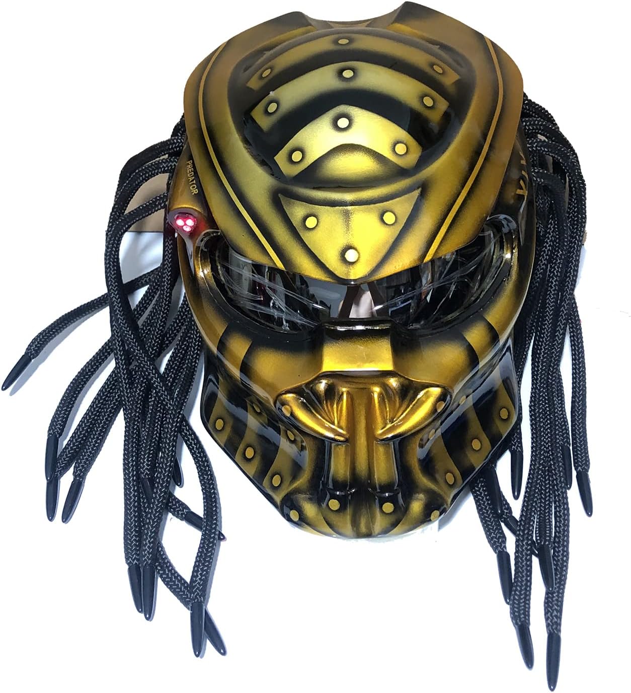 Motorcycle Helmet, Creative Predator Motorcycle Locomotive Full Face Helmet with Led Warning Lights and HD Anti-Fog Lenses for Outdoor Riding Or Club Parties, DOT Certified,Gold a,XXL