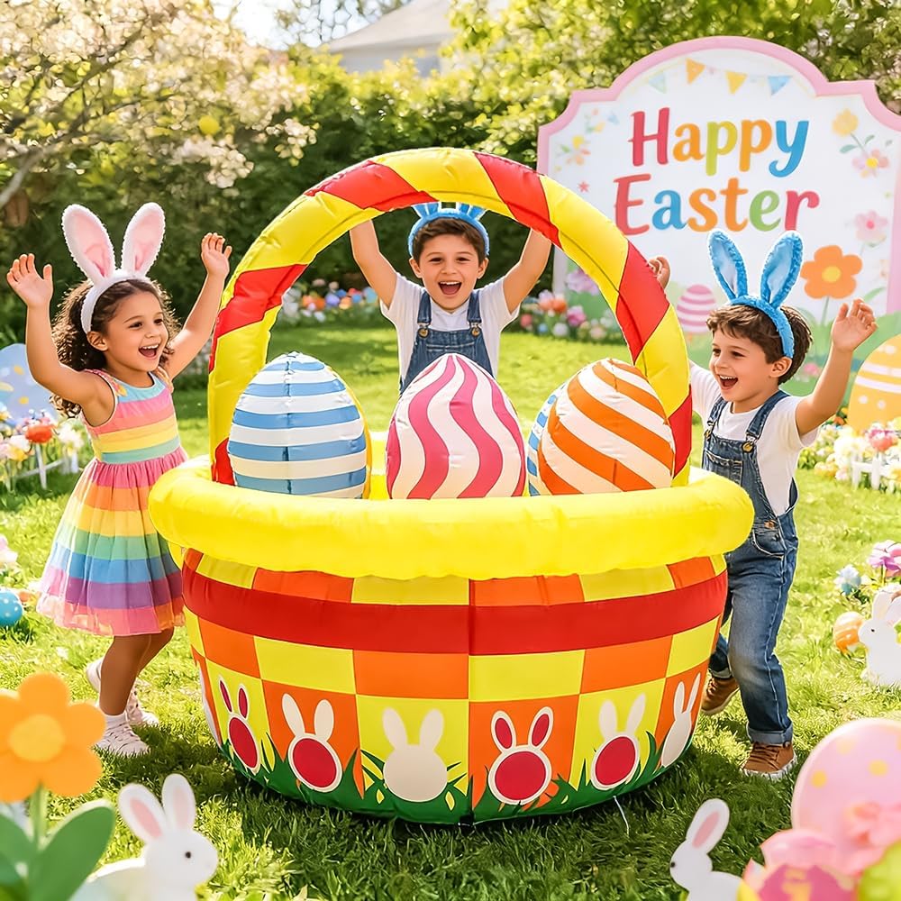 Easter Inflatables Outdoor Decorations - 5 FT Colorful Easter Basket with Eggs Yard Blow Up, LED Lighted Lawn Decor for Spring Holiday Party, Garden