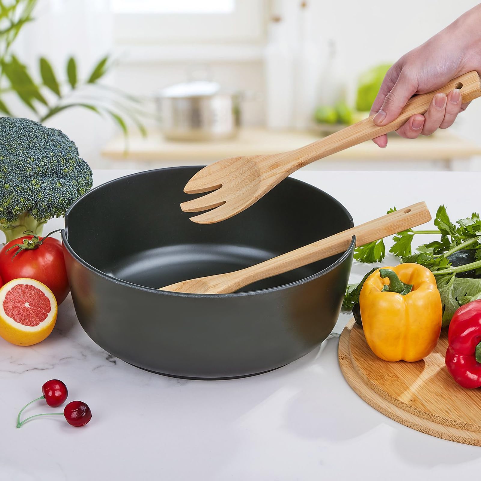 Bol Para Servir Ensaladas Cuchara y Tenedor para Mezclar de Madera, | Ensaladera Con Tapa Frutas, Snacks, Pasta, Preparación de Comidas, , Camping, Barbacoa