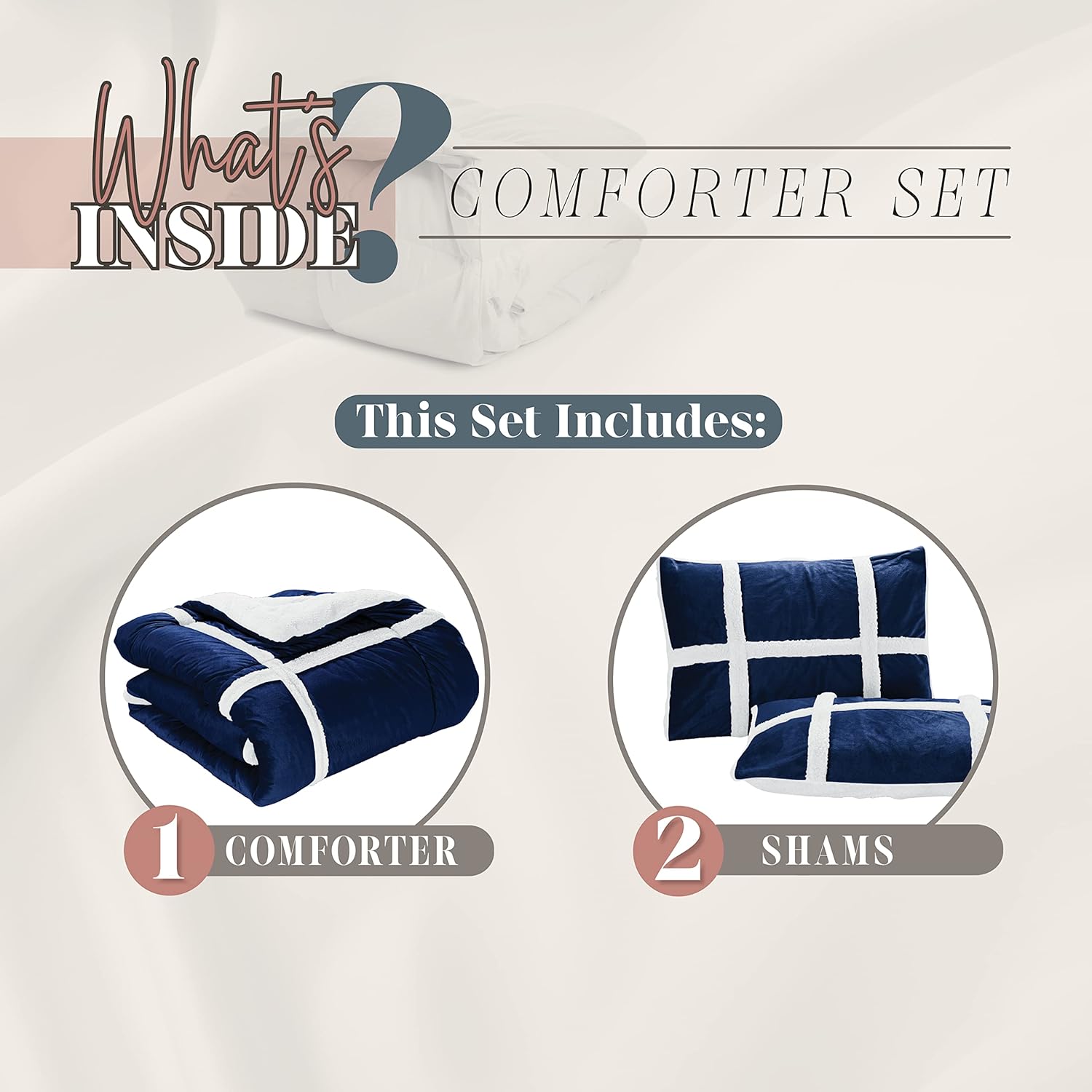 Elegant Comfort 3-Piece Olivia Stripe Sherpa Comforter Set, Super Soft Comforter with Striped Pattern and Sherpa Backing, Textured & Comfortable Weight, Reversible Comforter Set, Queen, Royal Navy