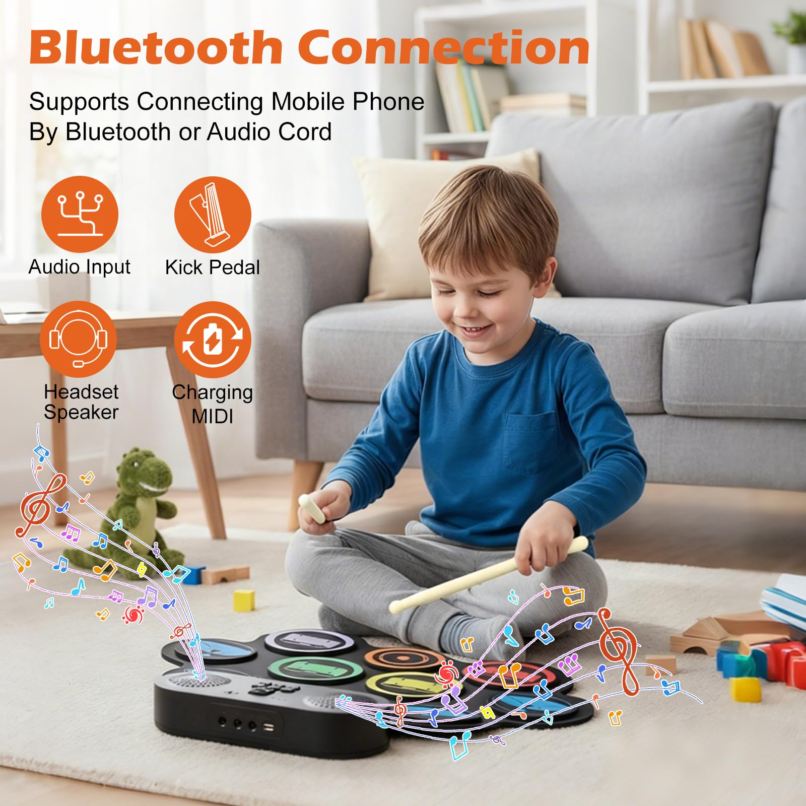 Kinder Schlagzeug Elektronisch mit 9 Pads,2 Stereolautsprecher,E-drum Set pocket drum，Elektronisches Schlagzeug E Drums mit 2 Fußpedalen & USB Wiederaufladbar für Kinder und Anfänger