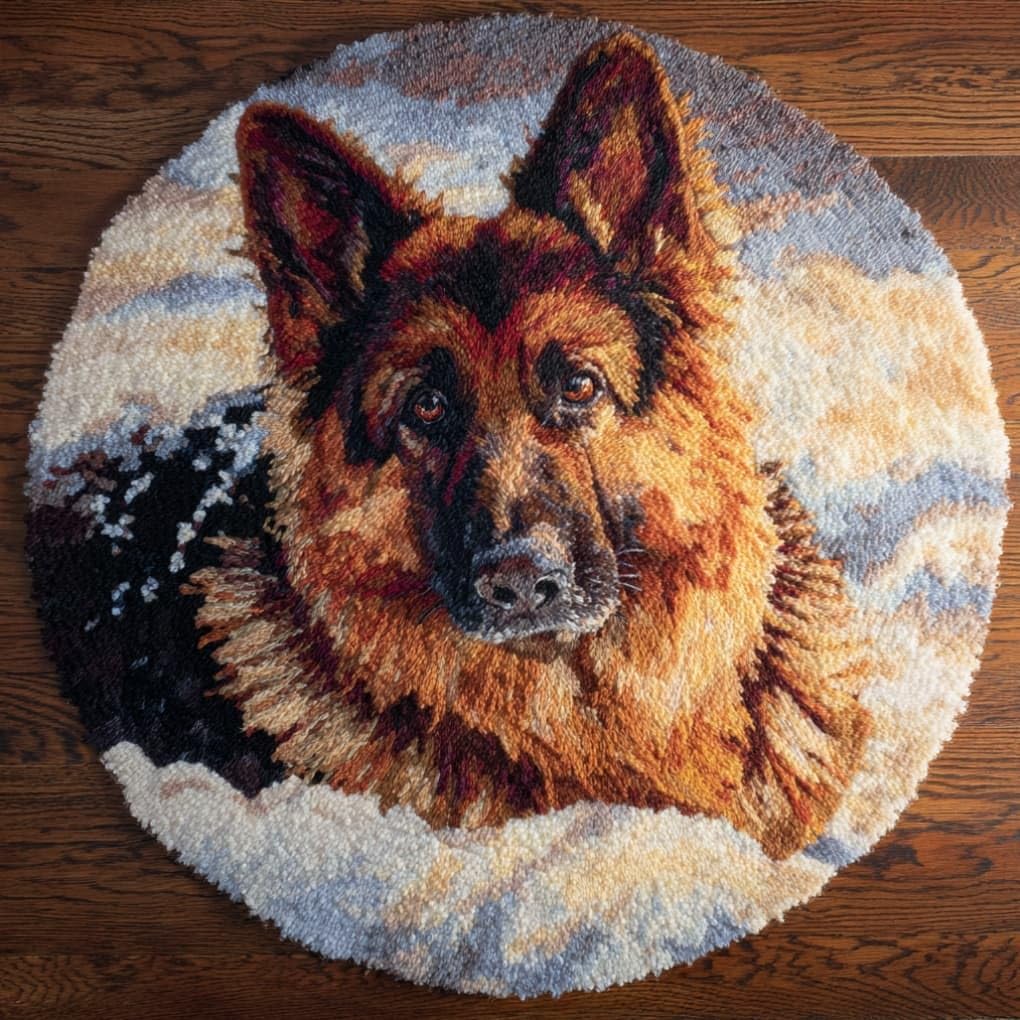 kitphoenix Round DIY Latch Hook Rug Kits German Shepherd 20X20Inch (50X50Cm) Easy for Beginners Round Carpet Crochet Yarn Craft Large Rug Hook and Latch Tapestry for Home Decor