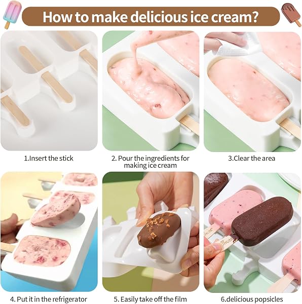 2 Pezzi Stampi per Gelato,4 Cavità per Ghiaccioli,con Coperchio e Bastoncini, in Silicone,per Cioccolato Congelato Fai da Te(100 Pezzi di Legno) - 4