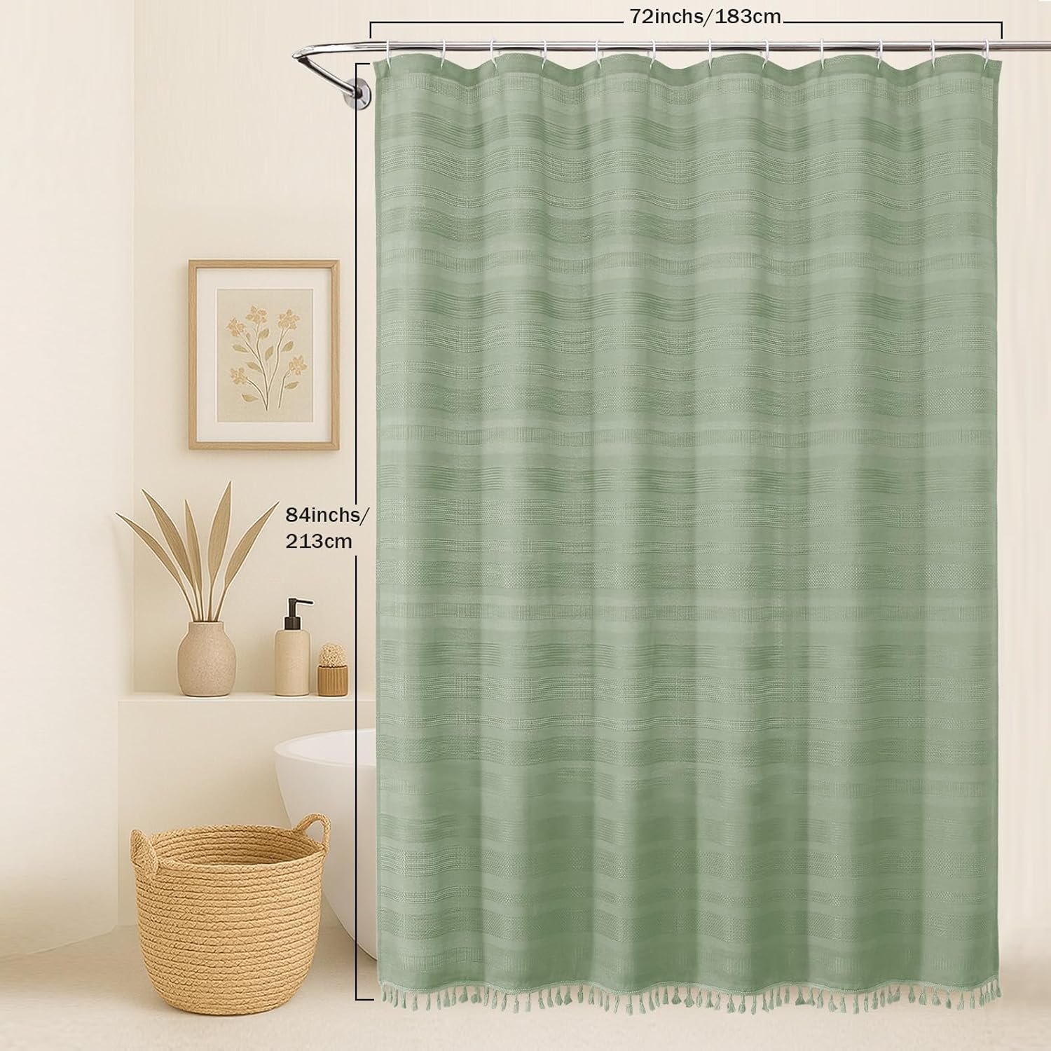 OVZME Extra Long Boho Shower Curtain 84 Inch Long, Modern Farmhouse Heavy Duty Linen Textured Soft Fabric, Rustic Country Cloth Shower Curtain with Tassel for Bathroom Hotel, 72Wx84L, Light Green