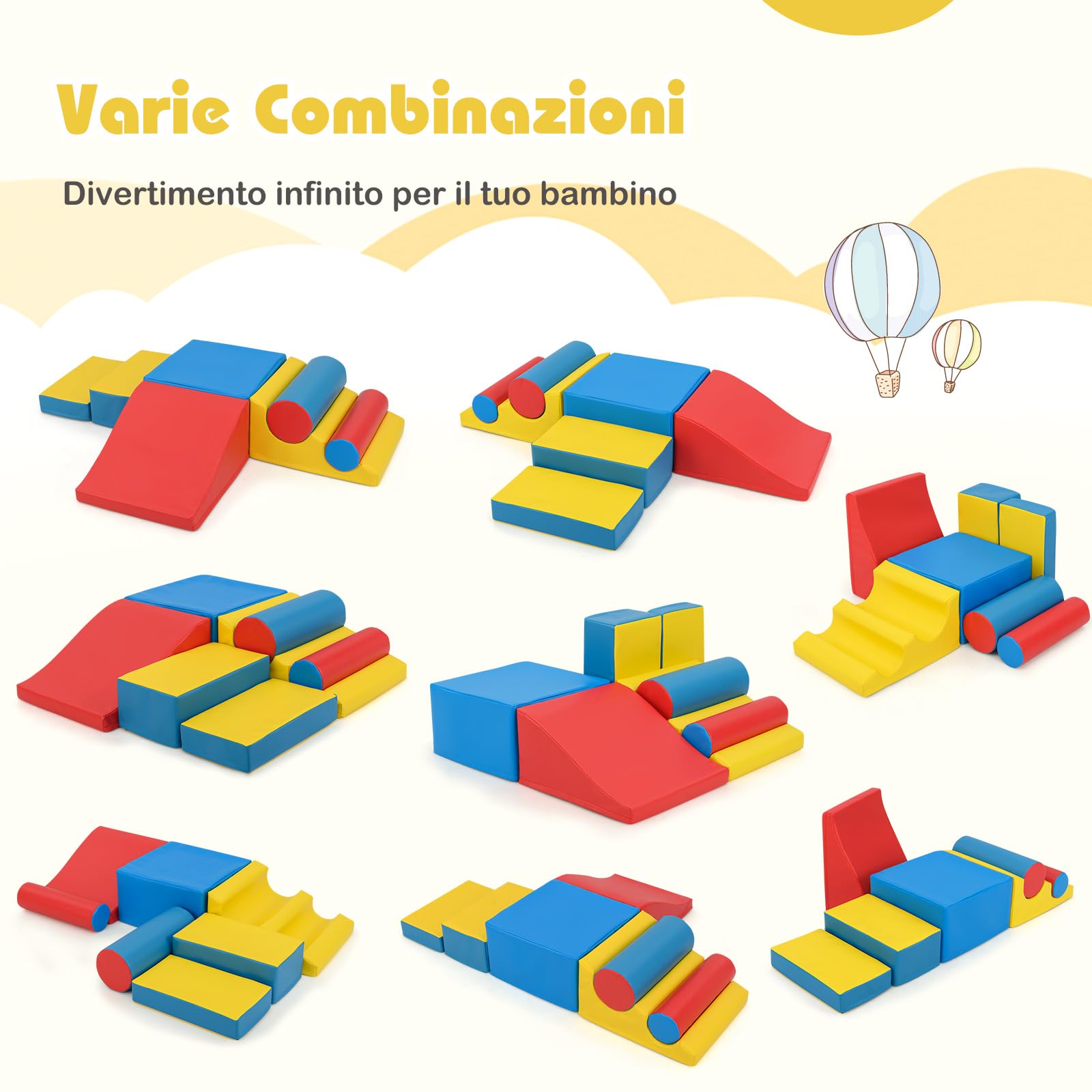 COSTWAY Set di Blocchi da Arrampicata in Schiuma per Bambini, Set di 7 Pezzi per Gioco Morbido con Chiusure a Strappo per Gattonare, Gioco Attivo, Sviluppo Motorio e Sensorialei