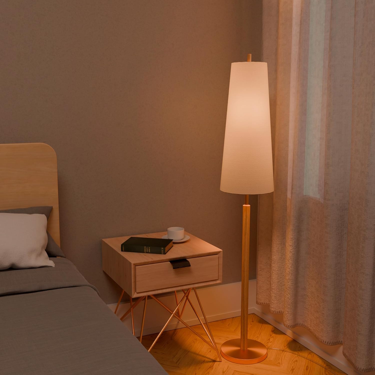 globe electric 61000173 63" floor lamp, matte brass, wood toned accent, long white fabric shade, in-line on/off foot switch, 6.7-foot clear cord, 1-light, 60w e26/medium base bulb matte brass, genevieve