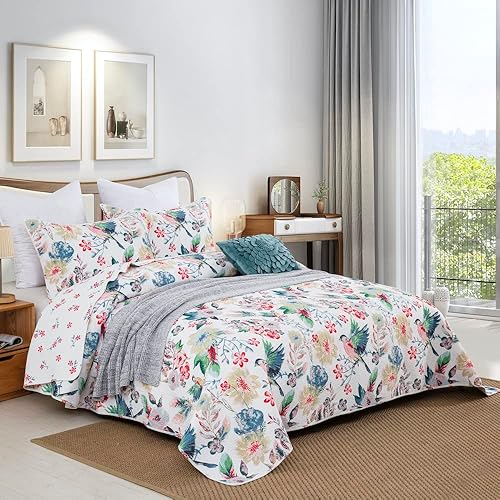 Miniatura 5 de DAUAOTO Juego de edredón de algodón tamaño Queen, colcha reversible (patrón de pájaro y floral)