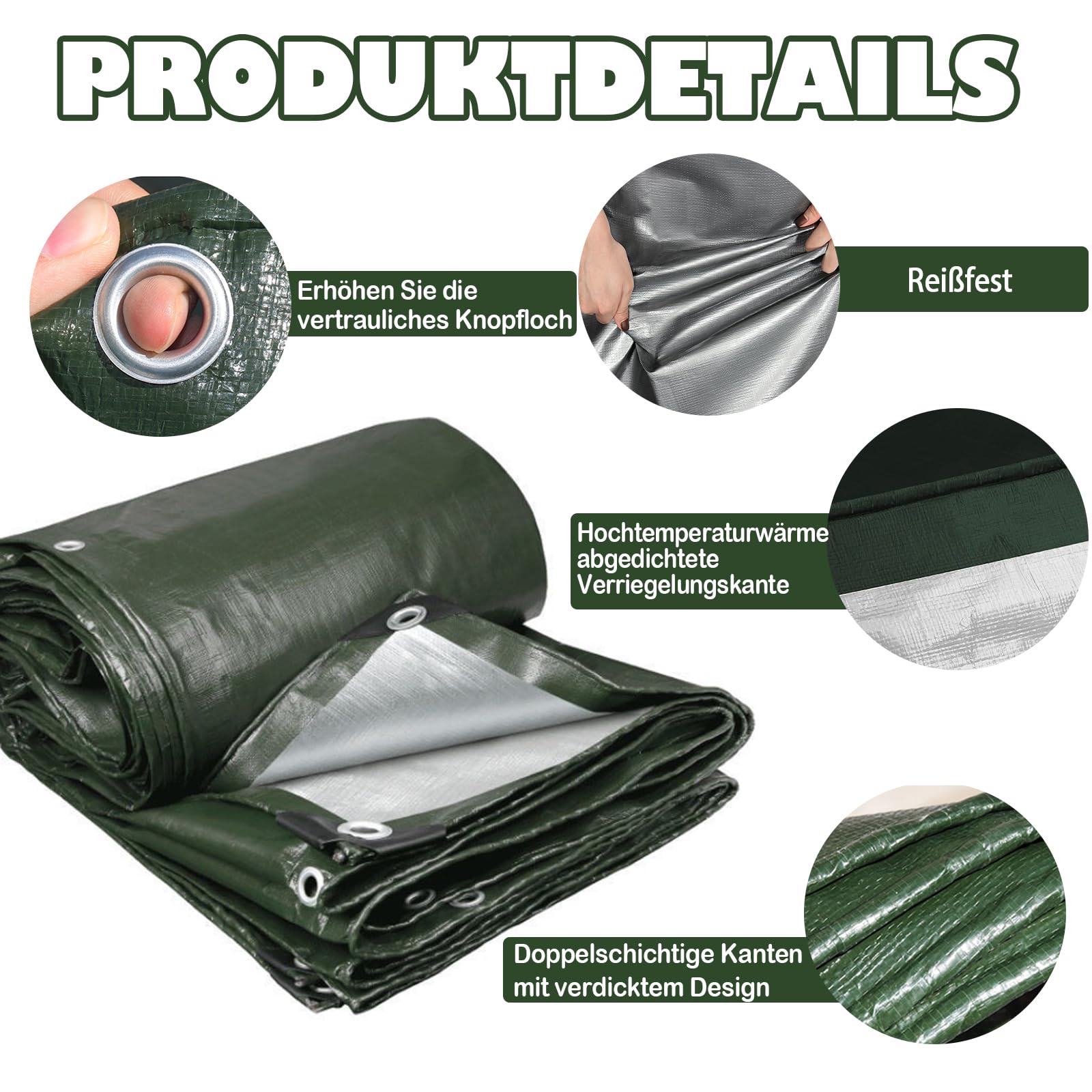 Lona de Tela de 2x6 m, 180 g/㎡, Verde/Plateado, Impermeable, Lona para Camiones con Ojales, Lona Protectora, Lona para Barcos, Lona de Madera para Muebles de jardín, Cubierta para Piscina, Tram