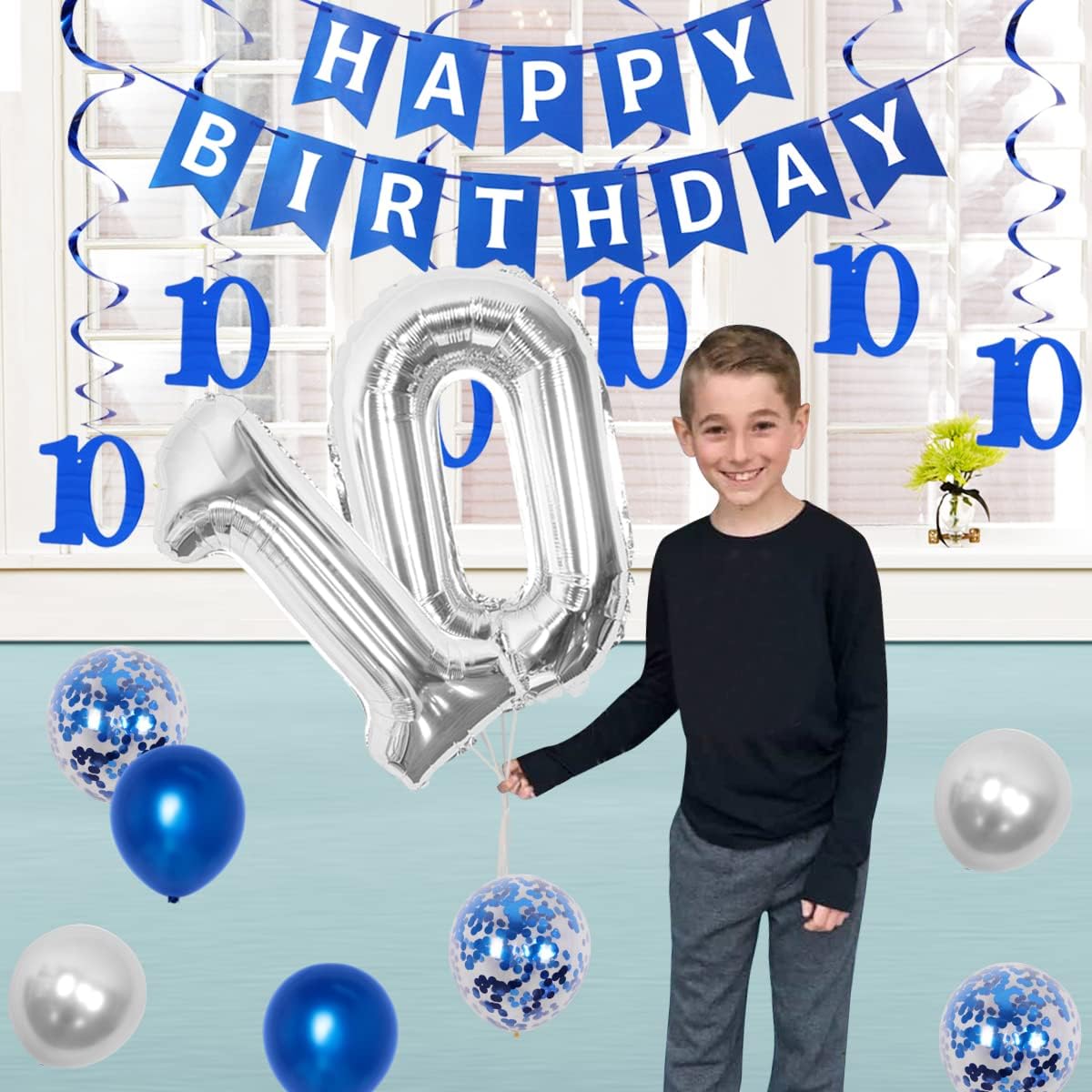 10th Birthday Decorations for Boys Girls, Blue Peace Out Single Digits Tenth Birthday Party Supplies with Hanging Swirls & Paper Glitter Banner Cake Topper Double Digits Birthday Decor