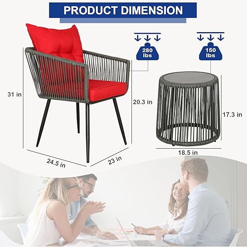 Miniatura 7 de Juego de 3 piezas de bistró para exteriores, muebles de balcón, muebles de exterior, sillas de ratán con mesa auxiliar para porche, patio trasero,