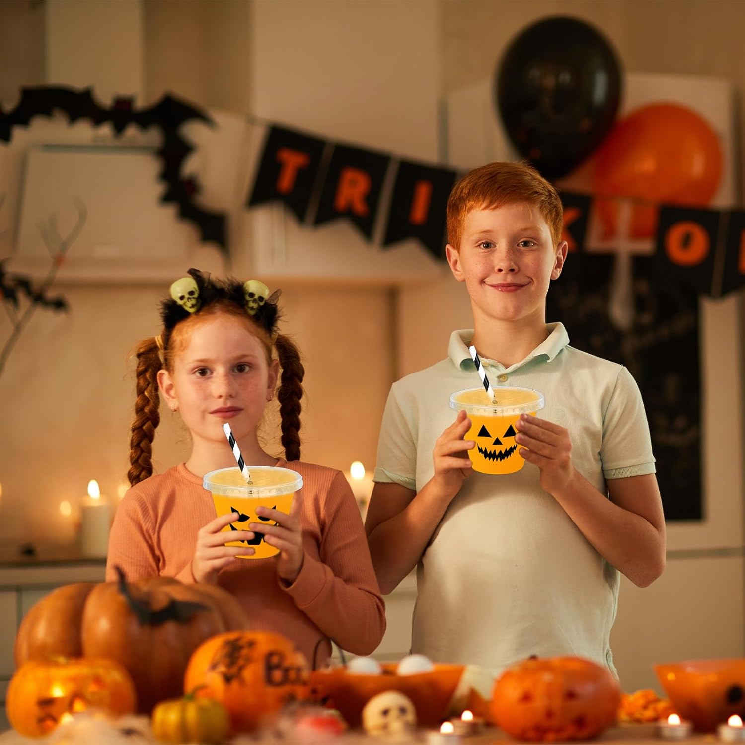 Whaline 60Pcs 9Oz Halloween Disposable Plastic Cups with Lids and Straws Black Evil Pumpkin Face Cold Beverage Drinking Cup for Trick or Treat Birthday Party Supplies - Image 6