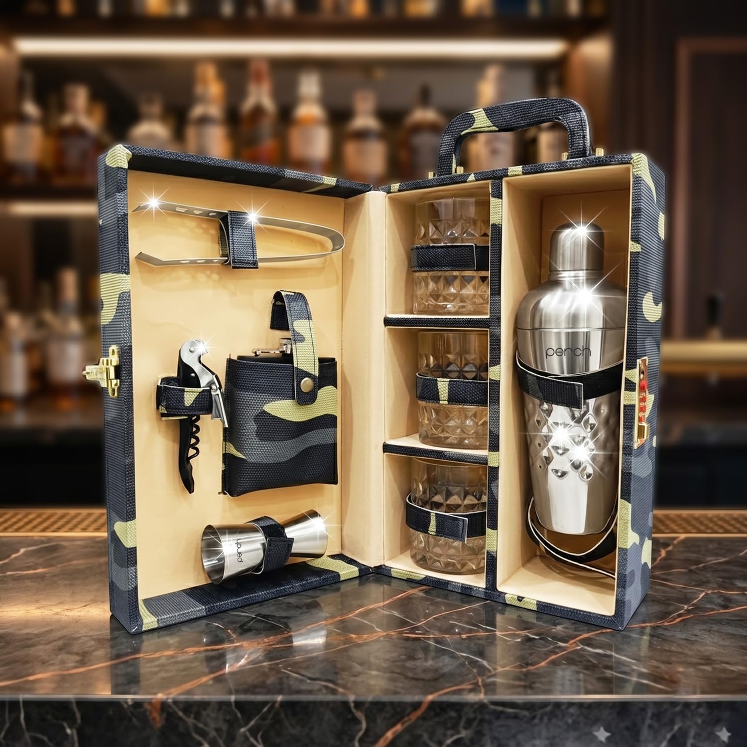 O' Holic by Perch Portable Bar Set | Leatherette Suitcase Bar Kit with 1 Bottle Holder, 3 Whisky Glasses, Cocktail Shaker & Bar Accessories | Travel Bar Case & Premium Gift Set|Silver-image-16