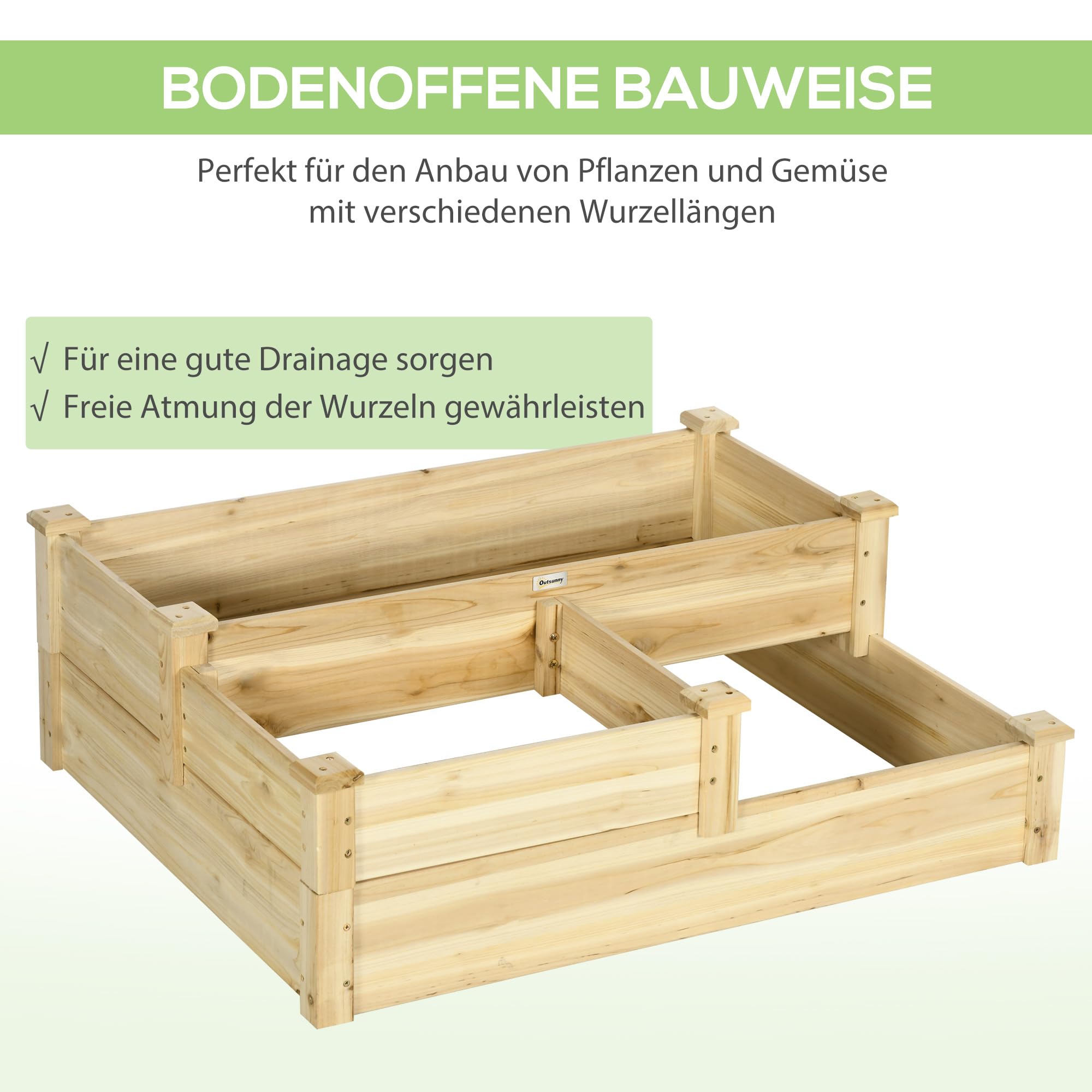 Outsunny Hochbeet 3-Stufig Pflanzenbeet Tannenholz Natur 108 x 88 x 36 cm | Blumenkasten, Kräuterbeet, Pflanzentreppe, Blumentreppe für Balkon, Garten