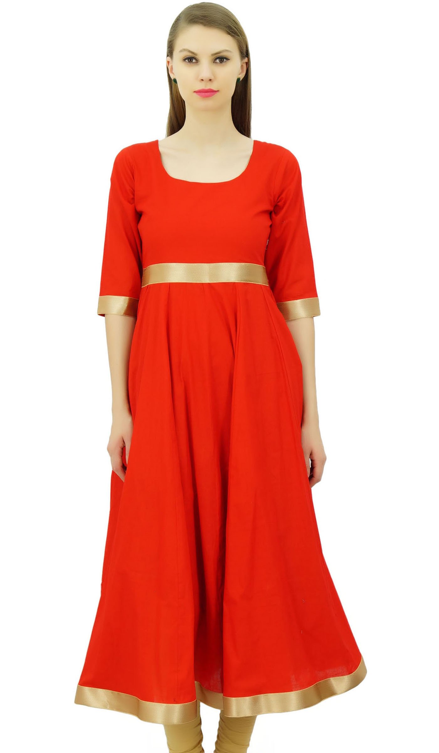 Bimba Women's Anarkali Kurti with Golden Border Dress Indian Clothing Ladies Kurta