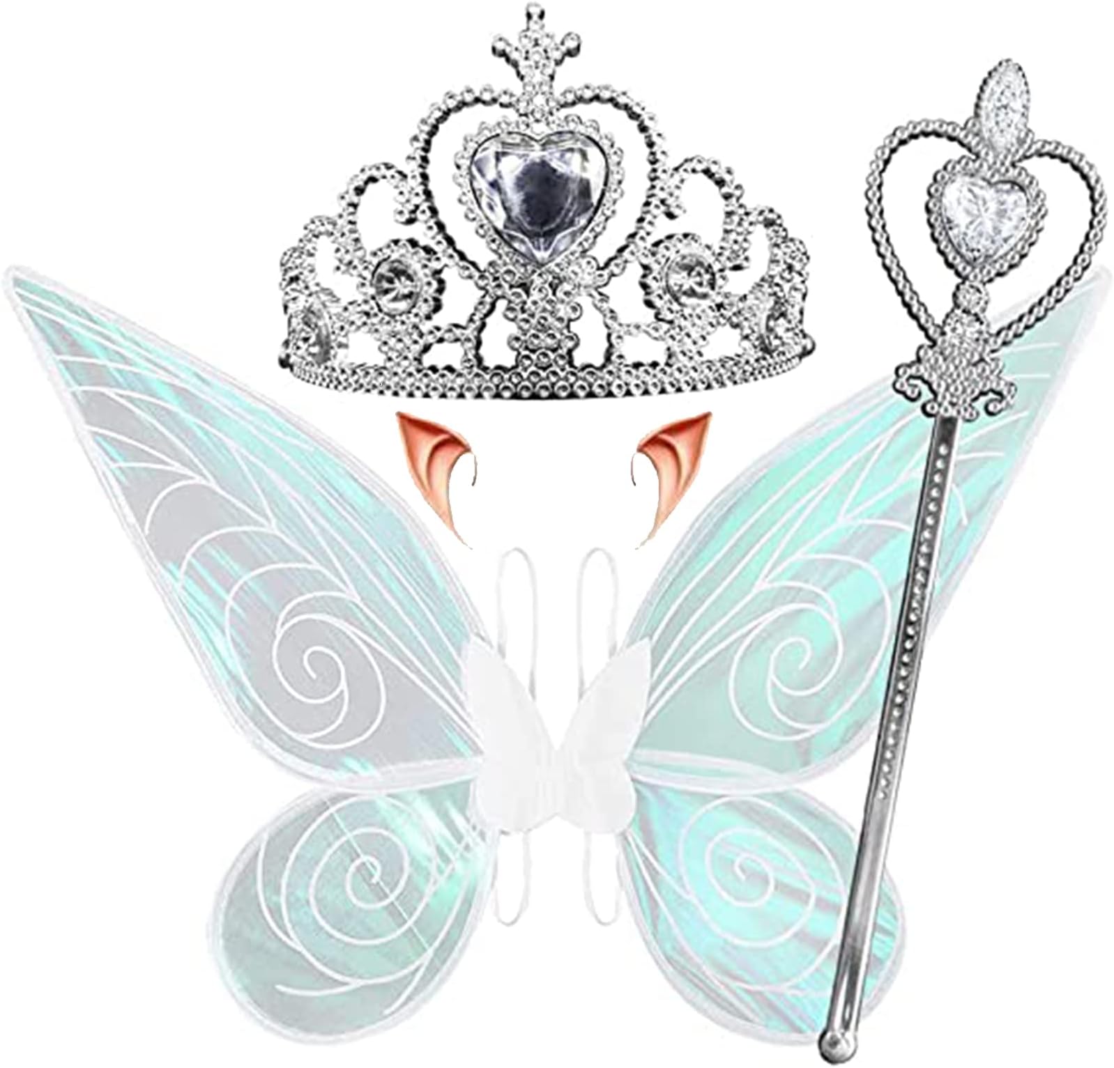 jaffiustFairy Wings Costume Set, Fairy Costume Accessories Include Fairy Wings/Fairy Wand/crown/Elf Ears, Angel Fairy Wings Costume for Adults Women Girls Halloween Dress Up Cosplay-white