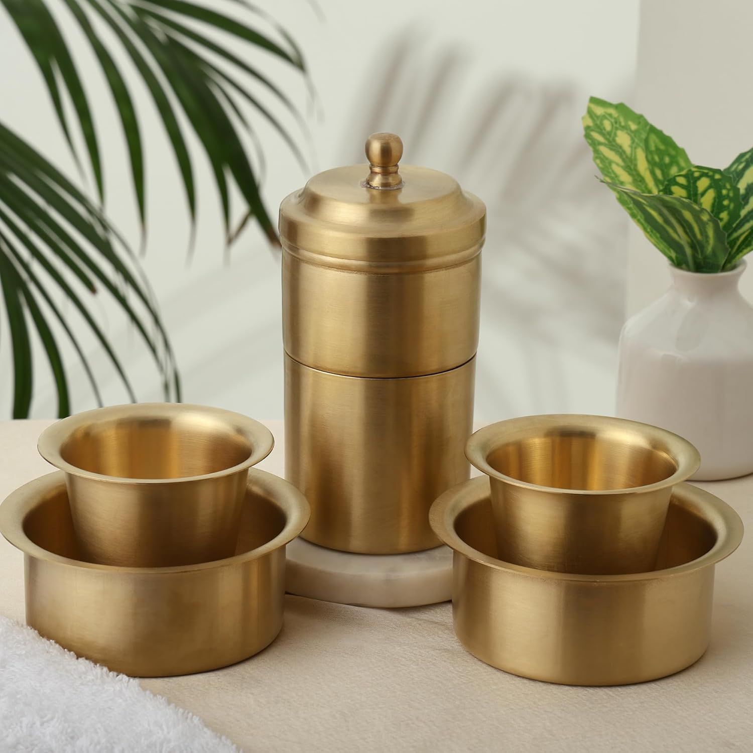 HealthGoodsIn Coffee Cup Brass Dabra Set of 2 with Coffee Filter Matte Finish - Traditional South Indian Tea Coffee Cup with Bowl 7.6 US Fl Oz Capacity (225 mL), Pure Brass Drinkware, Made in India