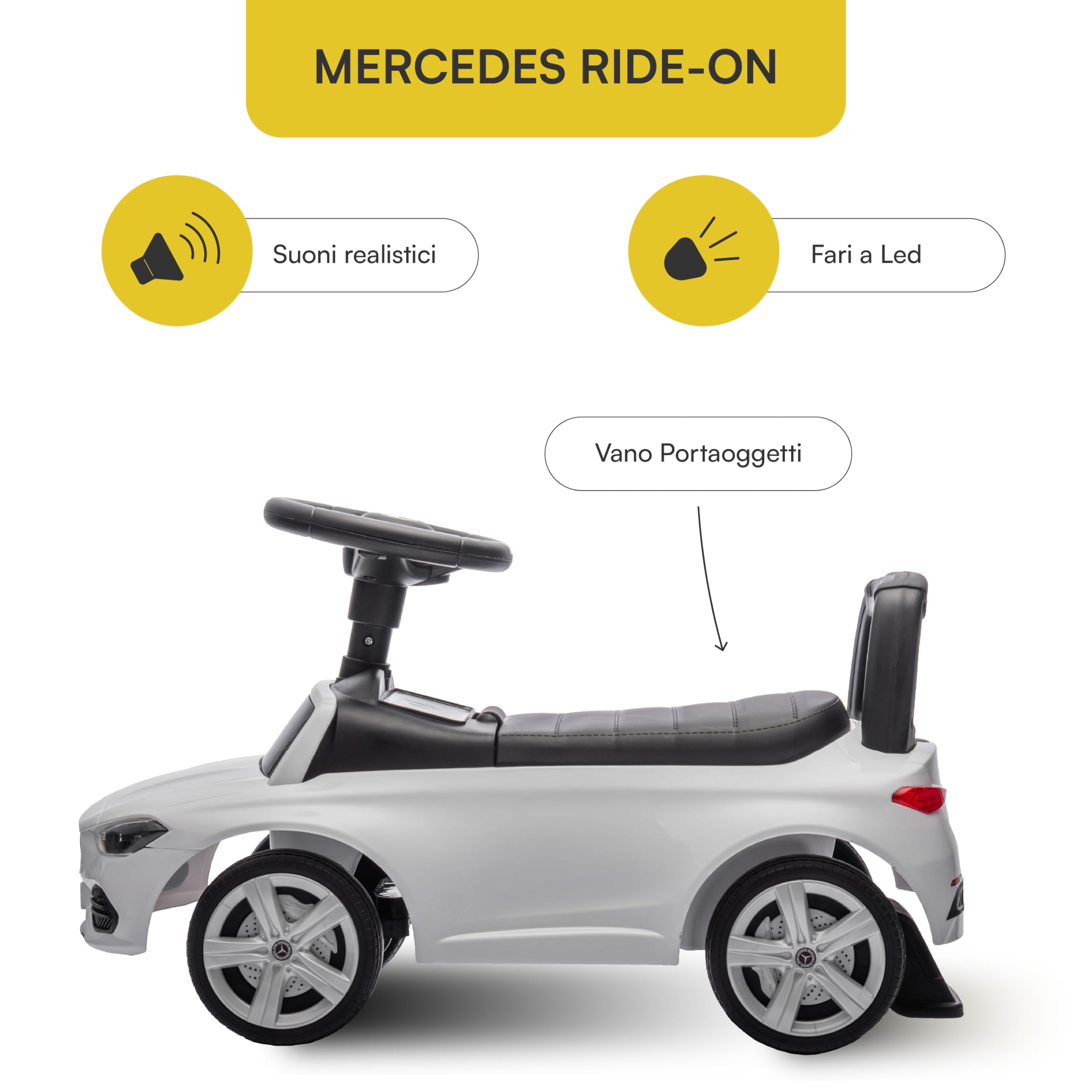 Baroni Toys Mercedes Ride-On Macchinina Spingi e Vai per Bambini 1-4 Anni, Fari LED, Suoni Realistici, Ruote Antiscivolo, Vano Portaoggetti, Design Antiribaltamento 65x28x39 cm Bianca