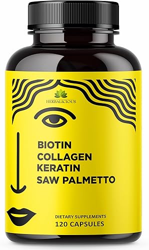 Vitaminas de biotina con colágeno, queratina y palma enana americana para mujeres y hombres  Biotina 10000 mcg suplemento para el cabello, la piel y
