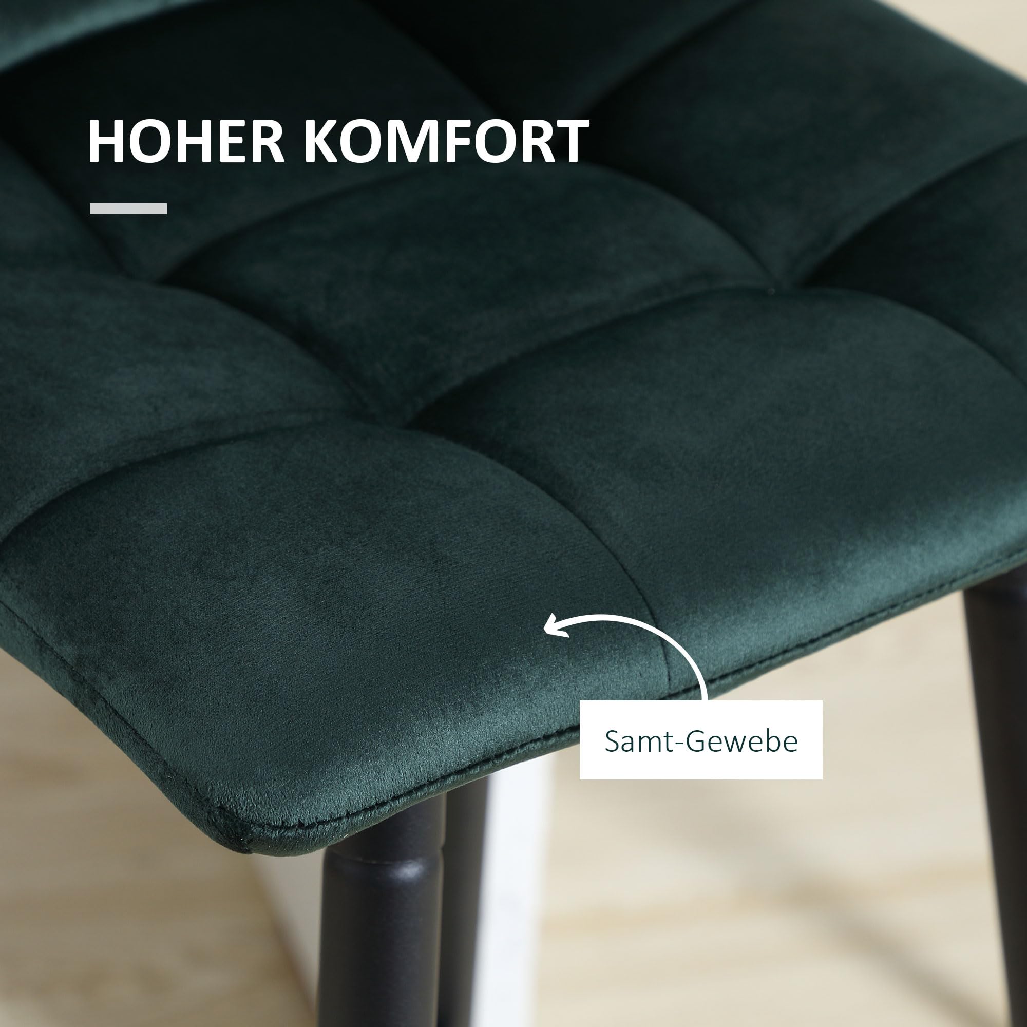 HOMCOM Barhocker 2er Set, Gepolstert Barstuhl mit Stahlgestell, Lehne, Samtoptik, Küchenstühle mit Fußstütze Tresenhocker für Küche, Wohnzimmer, Esszimmer Grün