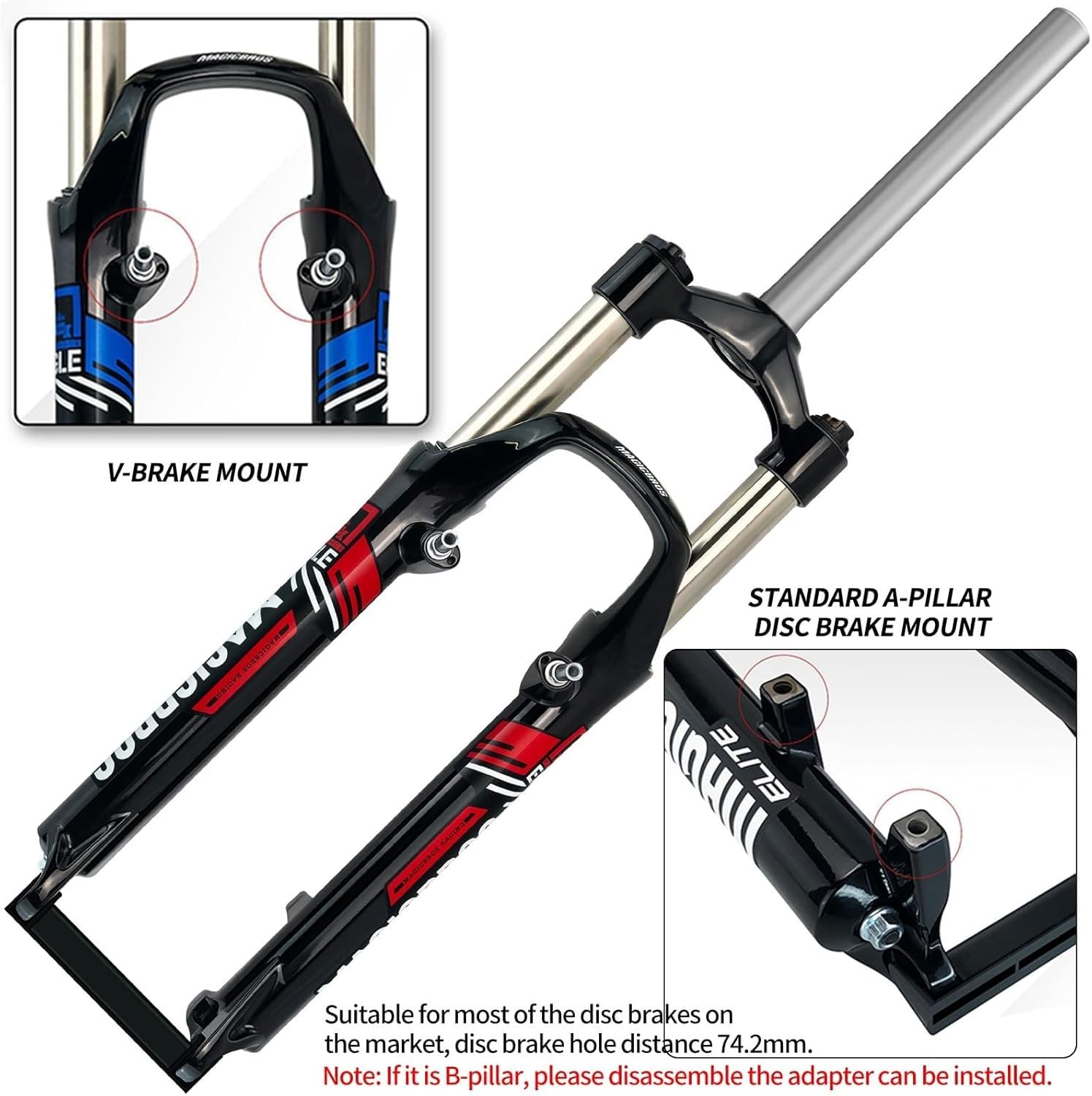 Fourche Avant de vélo à Suspension VTT 26 Pouces, débattement de 1-1/8 Pouce, Freins à Disque/V-Brake de 100 mm, Blocage Rapide 9 mm, Commande à l'épaule F,26in