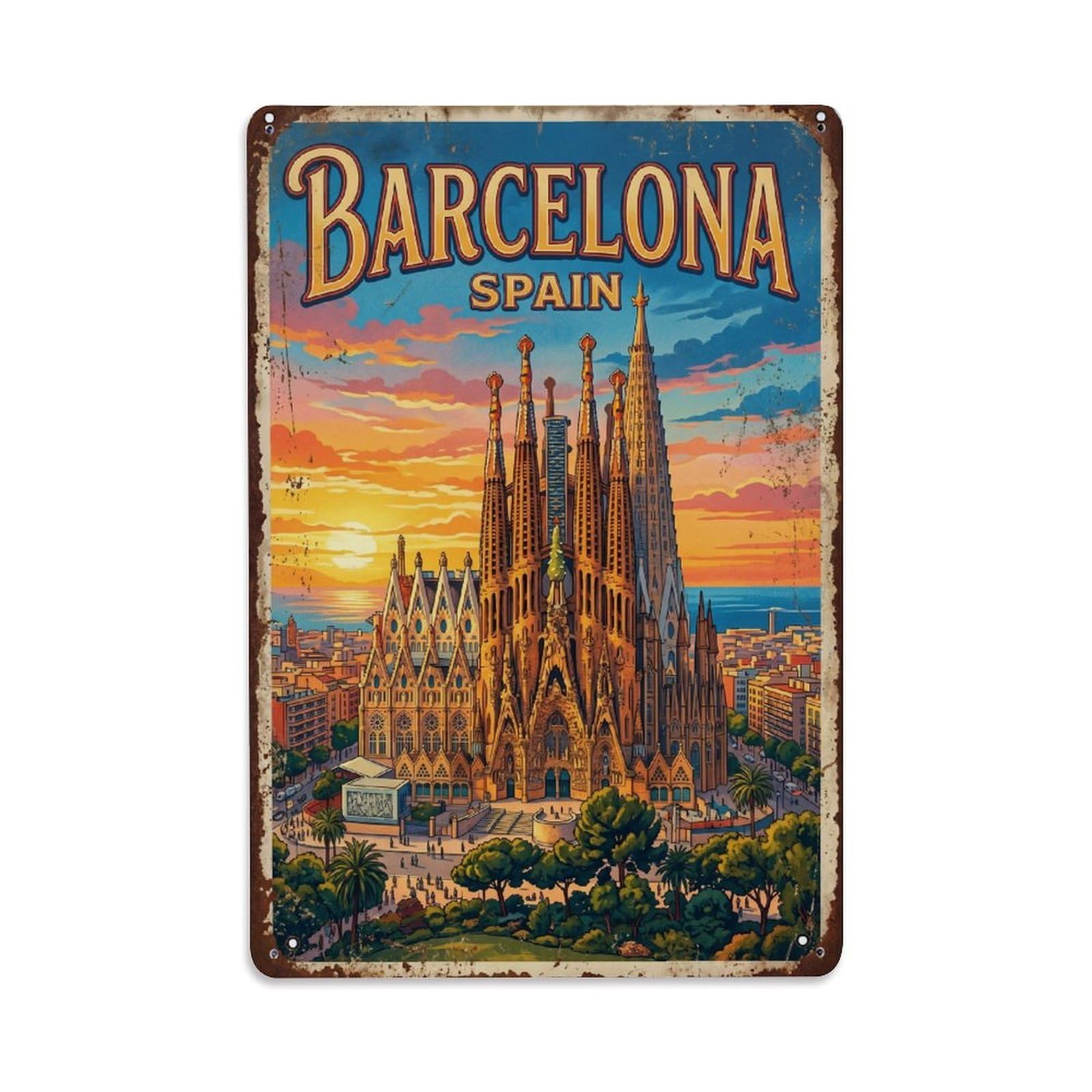 Cmhok Vintage Style Vintage Travel Sagrada Barcelona Metal Tin Sign Wall Decor For Cafe, Club, Garden Metal Poster 8X12inch