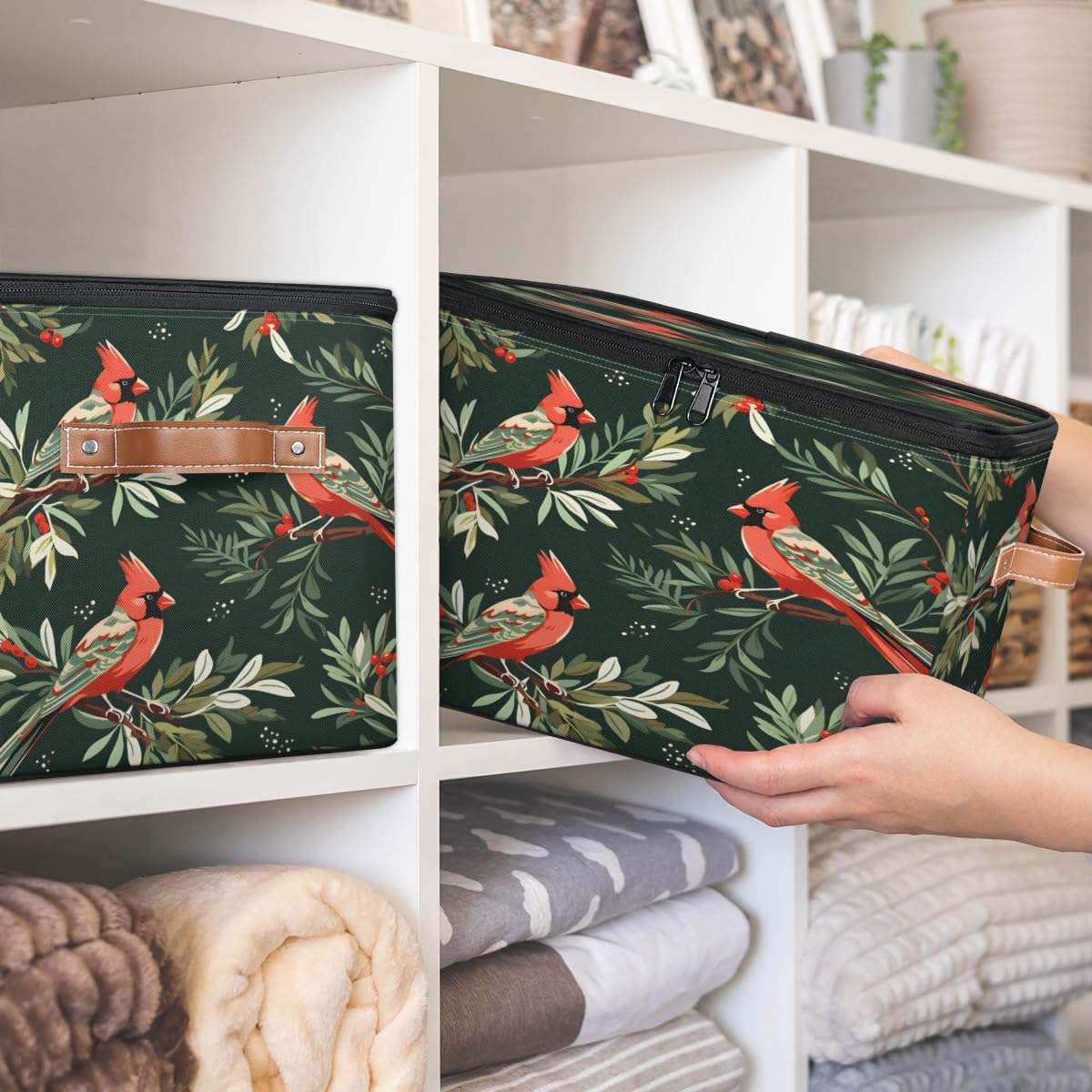 Storage Bin Set of 2 Holiday Christmas Birds Storage Basket with Zipper Lid & Handle Foldable Closet Shelf 2 Pack Cloth Organizer Basket Cube Bins for Bedroom, Nursery