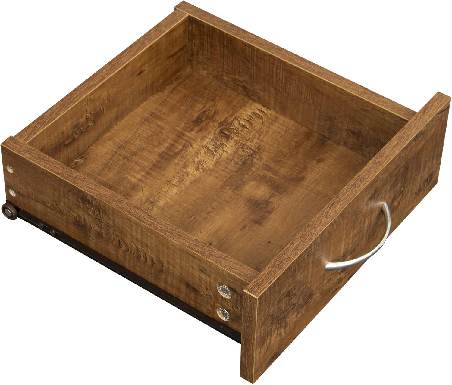 Close-up of an open drawer from the cabinet, showing its construction and the metal handle.