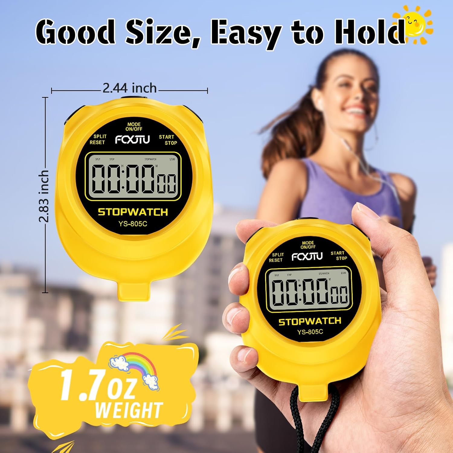 FCXJTU Simple Stopwatch Timer, Single Lap Stopwatch Countdown Timer, No Hourly Beep, On/Off, AAA Battery(Included), Large Display, Easy to Use, Ideal for Kids Coaches Yellow