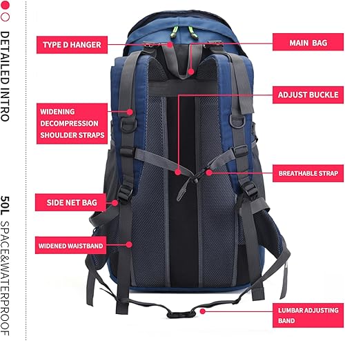 Miniatura 9 de Mochila de senderismo ligera resistente al agua de 50 litros, mochila deportiva al aire libre, bolsa de viaje para escalada, campamento y viajes,