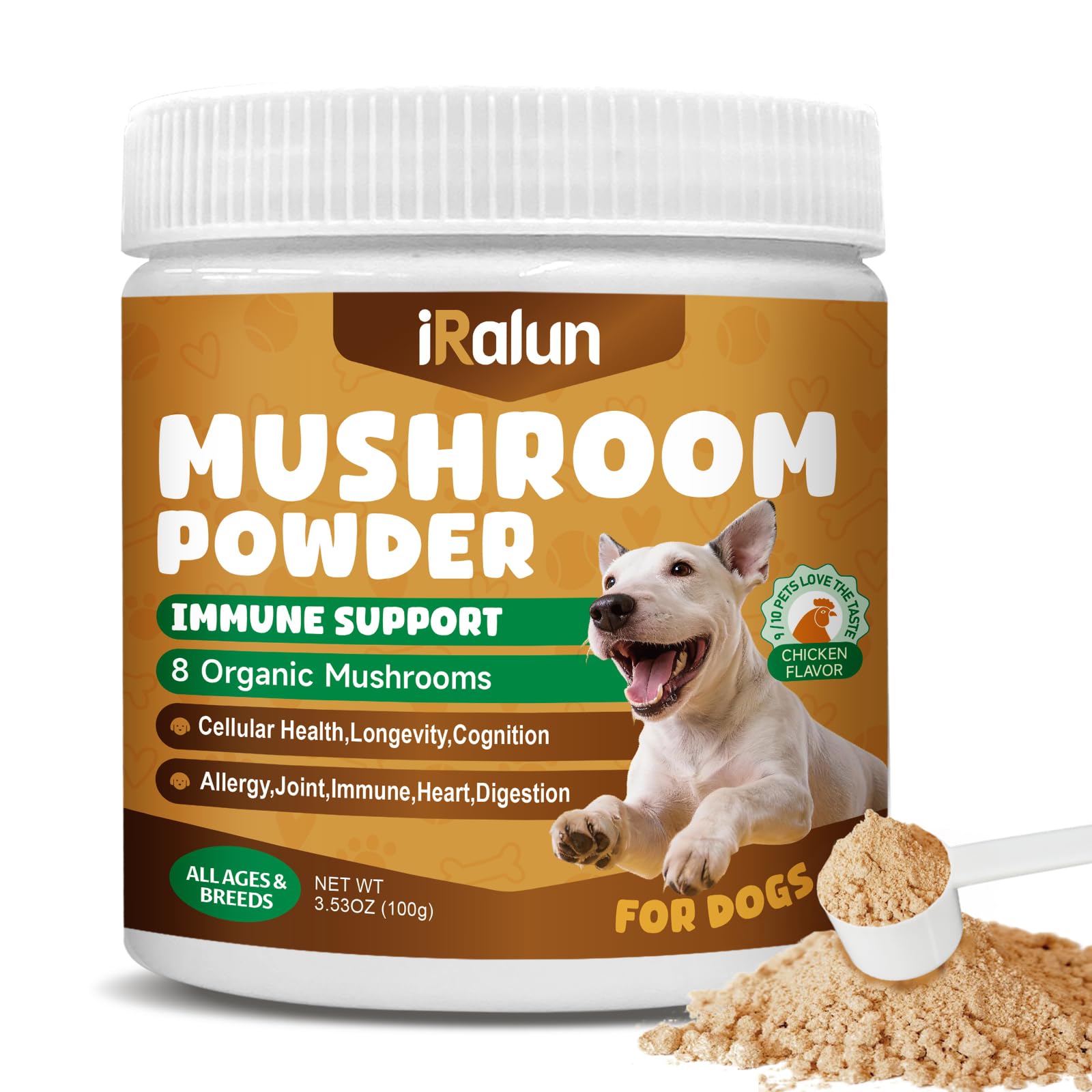 IRALUN Mushroom Powder for Dogs, 8 in 1 Turkey Tail Mushroom for Dogs with Turkey Tail, Reishi, Lions Mane, Immune & Digestive, Joint, Cellular Support - Chicken Flavor, 100g