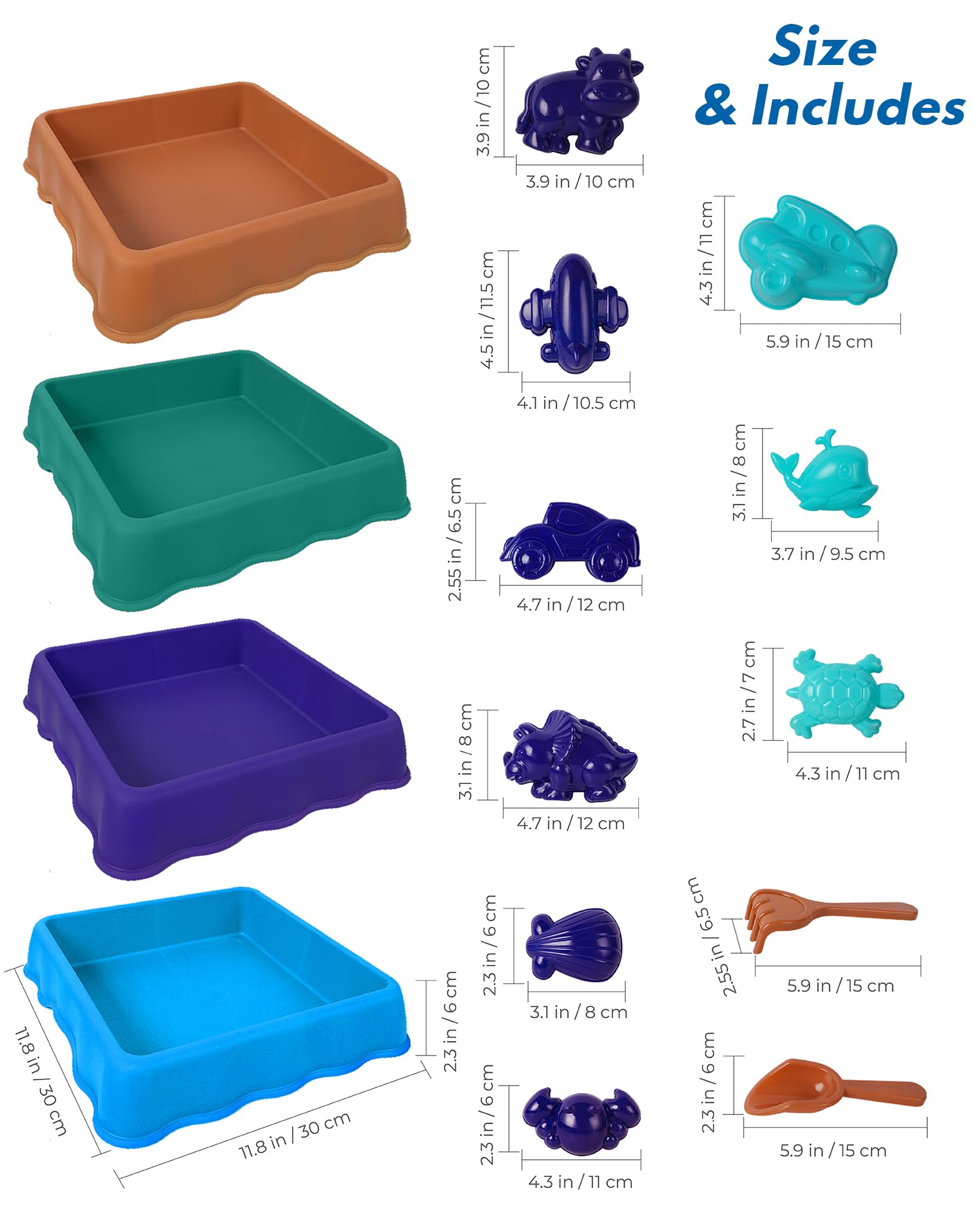 Sensory Play Tray Set – 4 vassoi per attività con sabbia e acqua con 9 modelli di gioco e 2 strumenti di gioco per giochi disordinati, giochi sensoriali e composizioni creative
