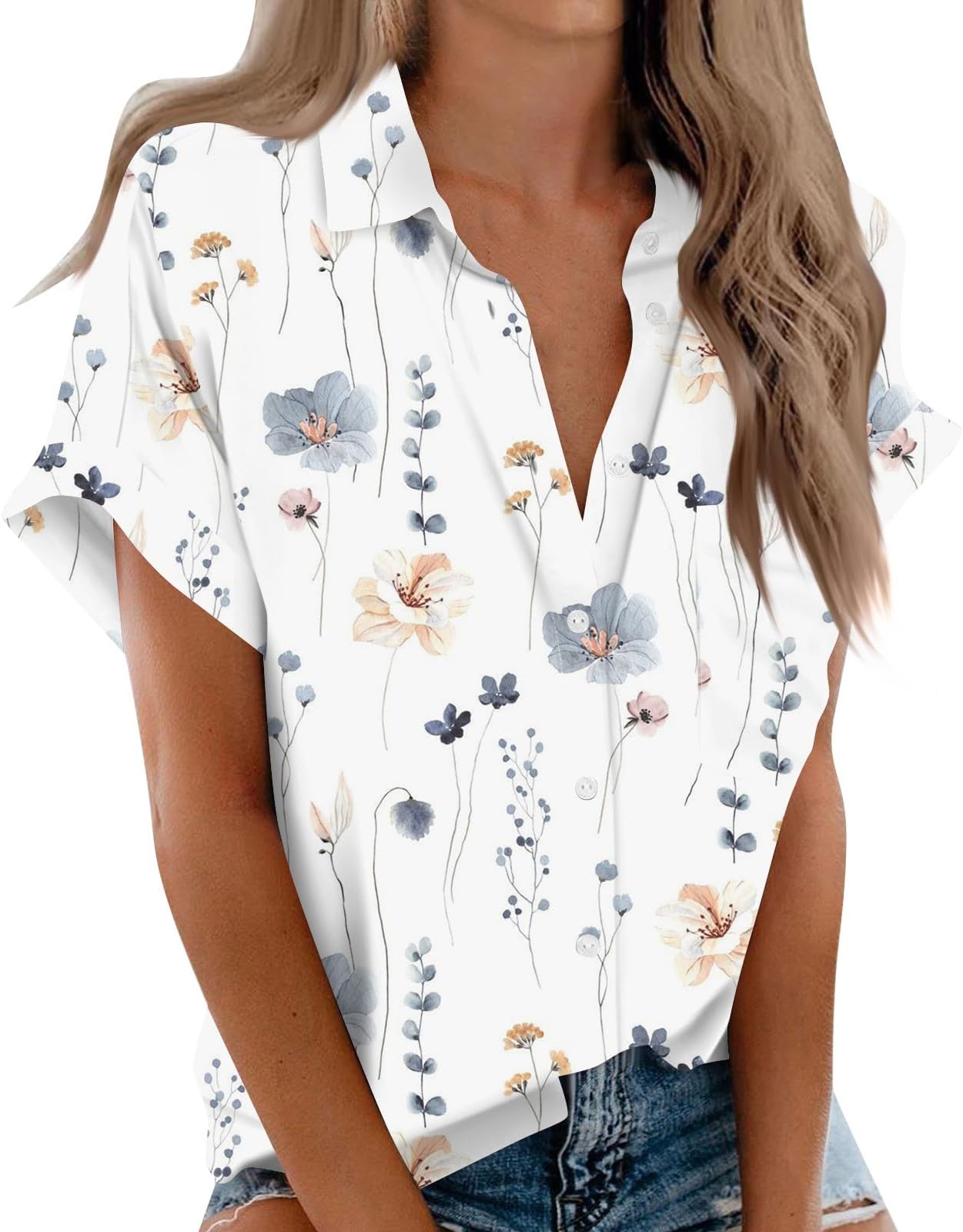 Linen Shirts for Women Cotton Womens Short Sleeve Shirts V Neck Collared Button Down Blouse Tops Camp Shirt S-3XL