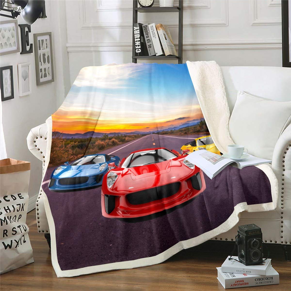 3D Car Sherpa Blanket Sports Car Printed Fleece Throw Blanket for Kids Boys Men Speed Racing Car Extreme Sports Plush Blanket Automobile Style Fuzzy Blanket for Sofa Bed Couch,Baby 30x40 Inch