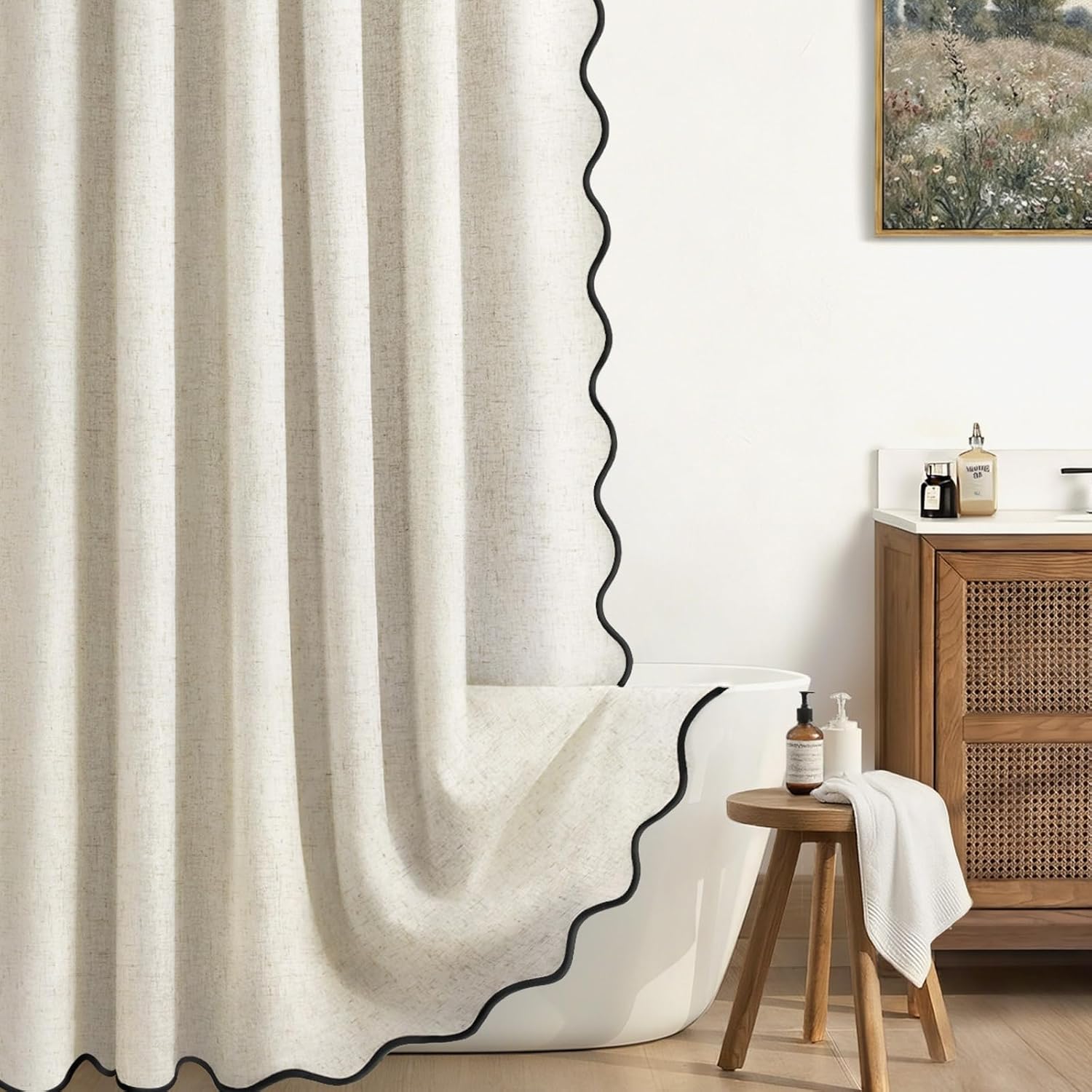 Linen Shower Curtain Flax Cream Cute Black Scalloped Boho Modern Shower Curtains for Bathroom Set, 72" W x 96" L