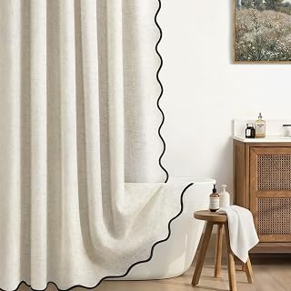 Scalloped Shower Curtain Linen Boho Flax Cream 72" W x 84" L