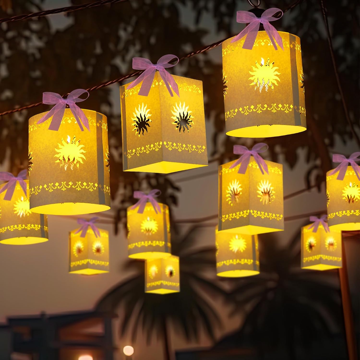 20 Pack Princess Sun Hanging Lanterns DIY Set Purple Princess Hanging Paper Lanterns Purple Sun Cutout Square Round Decorations for Photo Props Birthday Party(Classic Color)