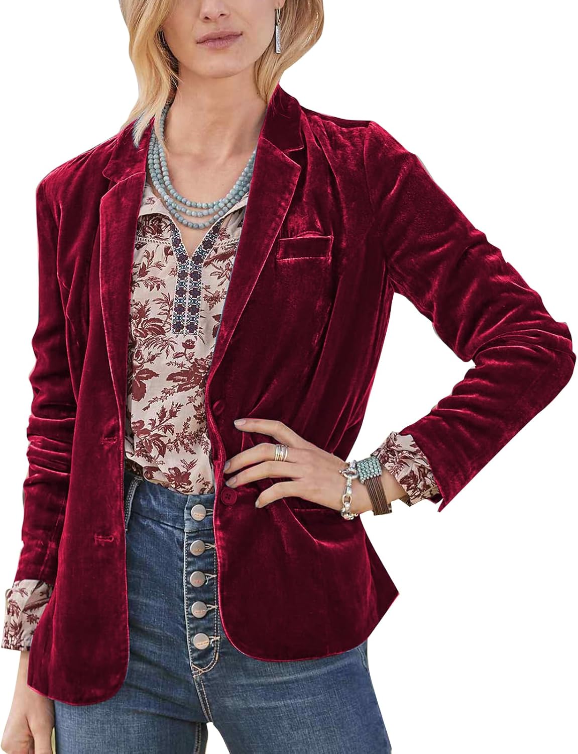 MINTLIMIT Women's Long Sleeve Velvet Blazer Casual Notched Lapel Solid Buttons Velvet Suit Jacket, S, Wine Red-2