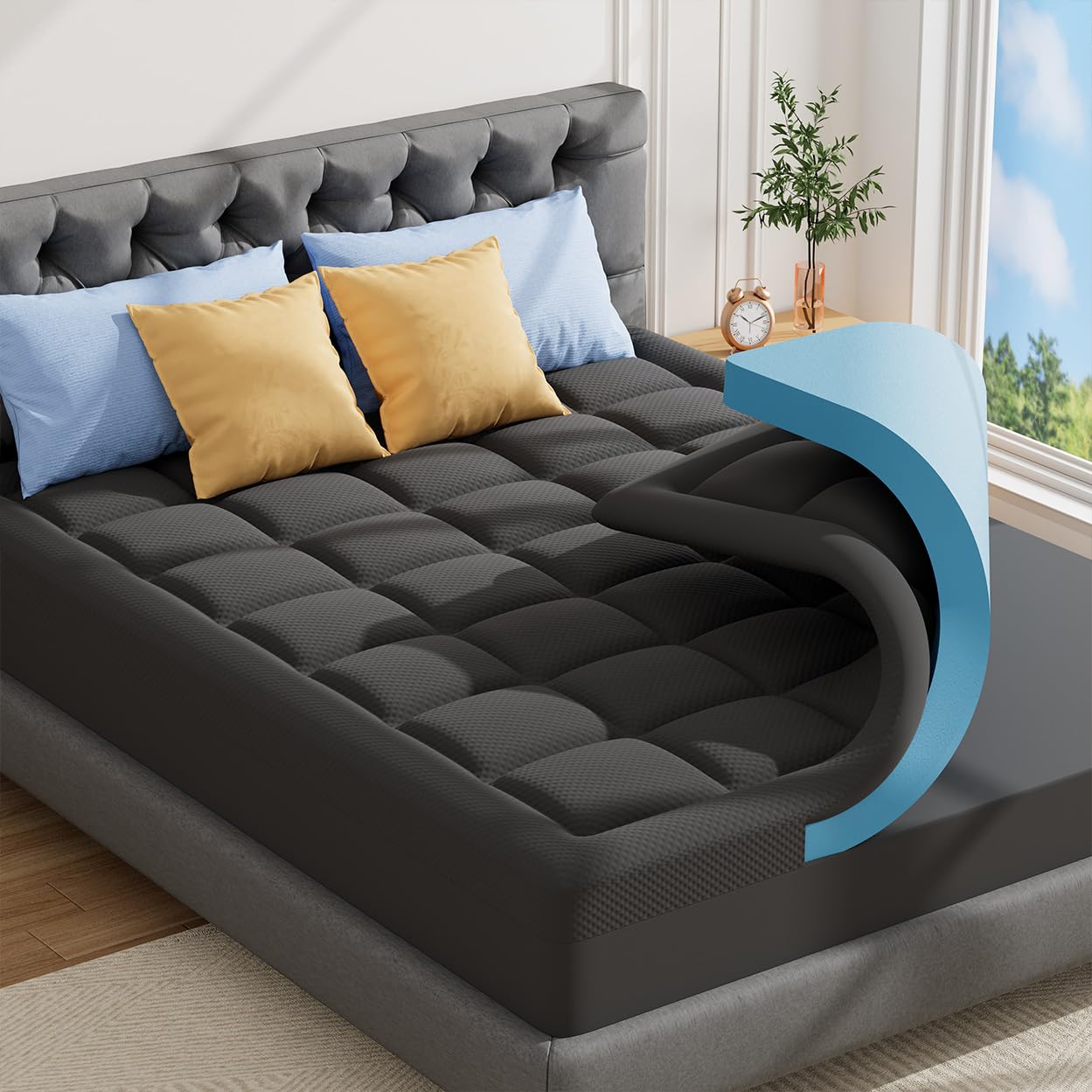 ABENE Matratzen Topper 160x200cm H3 Gel Memory Schaum Topper mit Waschbar Bambusfaser Bezug, 7cm Höhe Matratzentopper für Boxspringbett Komfortschaum Atmungsaktiv Druckverteilung（160cmx200cm, Grau）