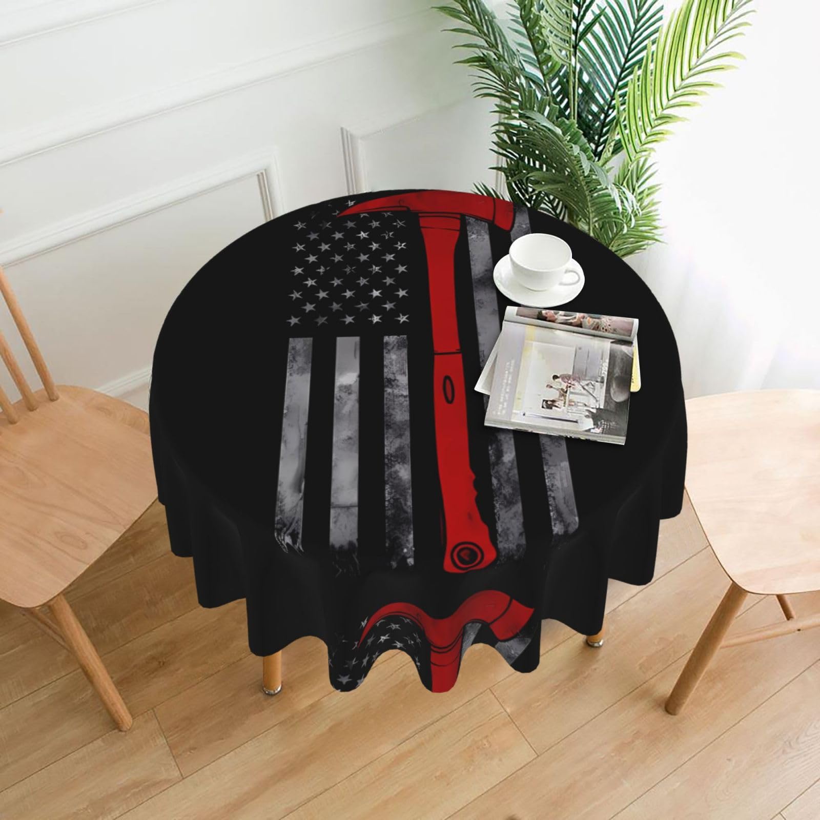 YYHWHJDE Firefighter Axe Red Line Flag Prints Round Decorative Tablecloth 60in - High-Grade Polyester Throw for Elegant Dining & Festive Gatherings