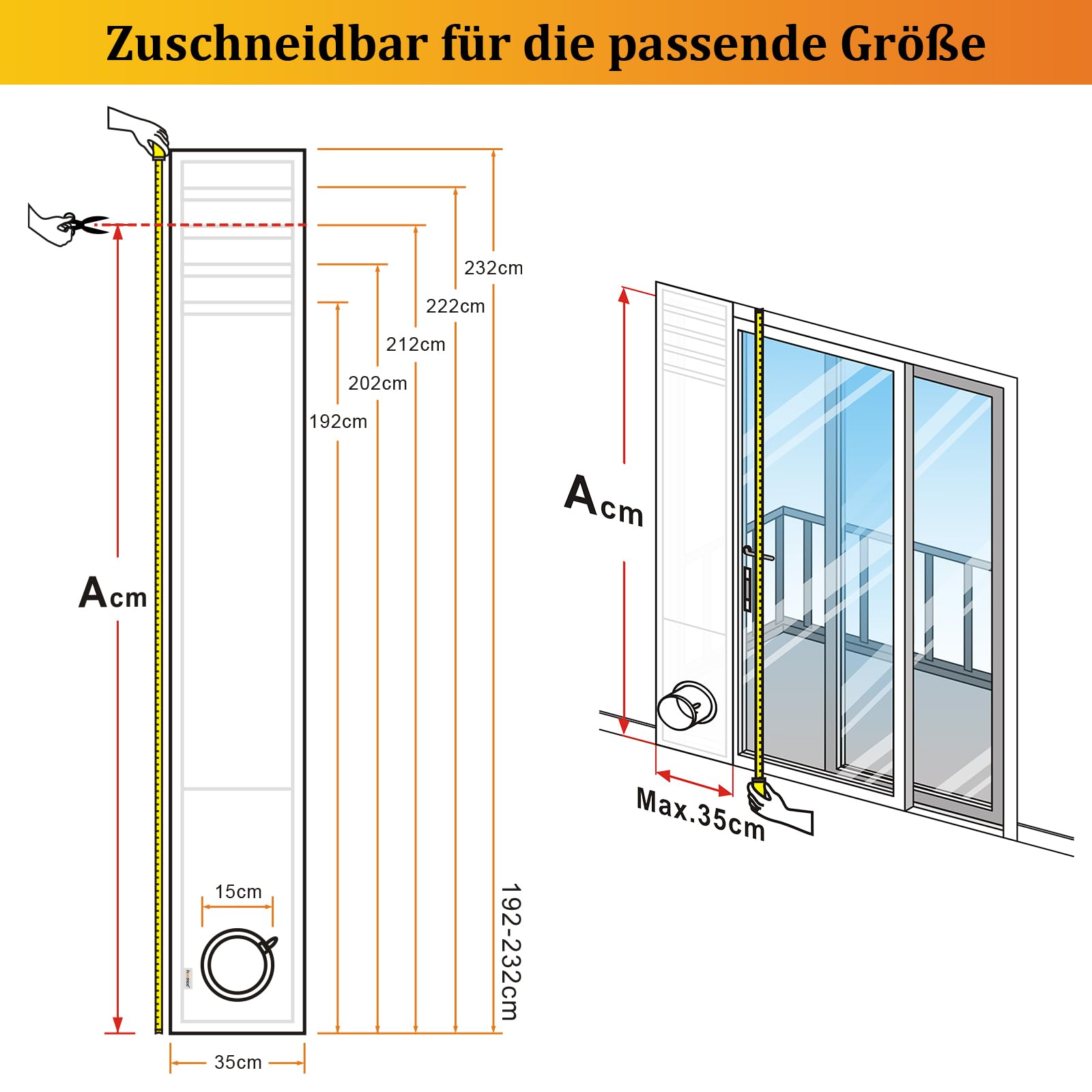 HOOMEE Türabdichtung für Mobile Klimaanlagen mit Angenähter Abluftschlauch Verlängerung für Erhöhte Kühlleistung, Zum Anbringen an vertikalen Schiebetüren, Auf 4 Längen Zuschneidbar, 232x35cm